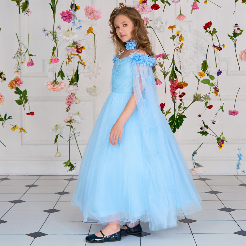 Cute Off Shoulder Maxi Tulle Dress for Girls – A-Line Princess Gown with Applique