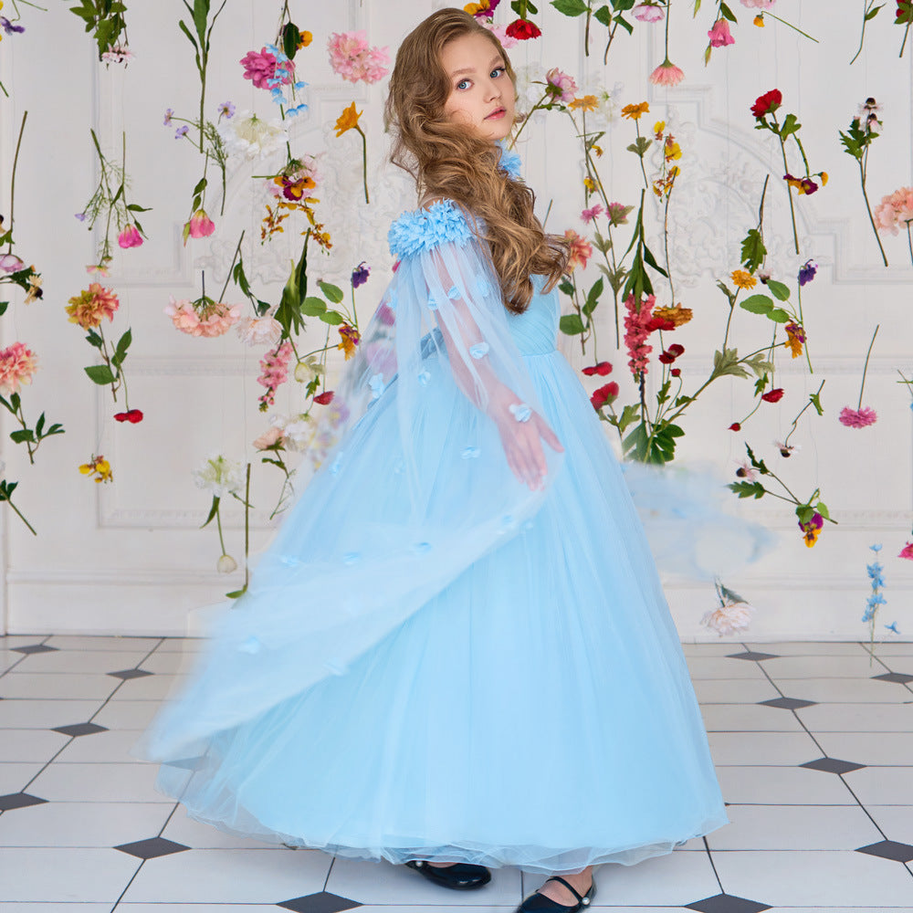 Cute Off Shoulder Maxi Tulle Dress for Girls – A-Line Princess Gown with Applique