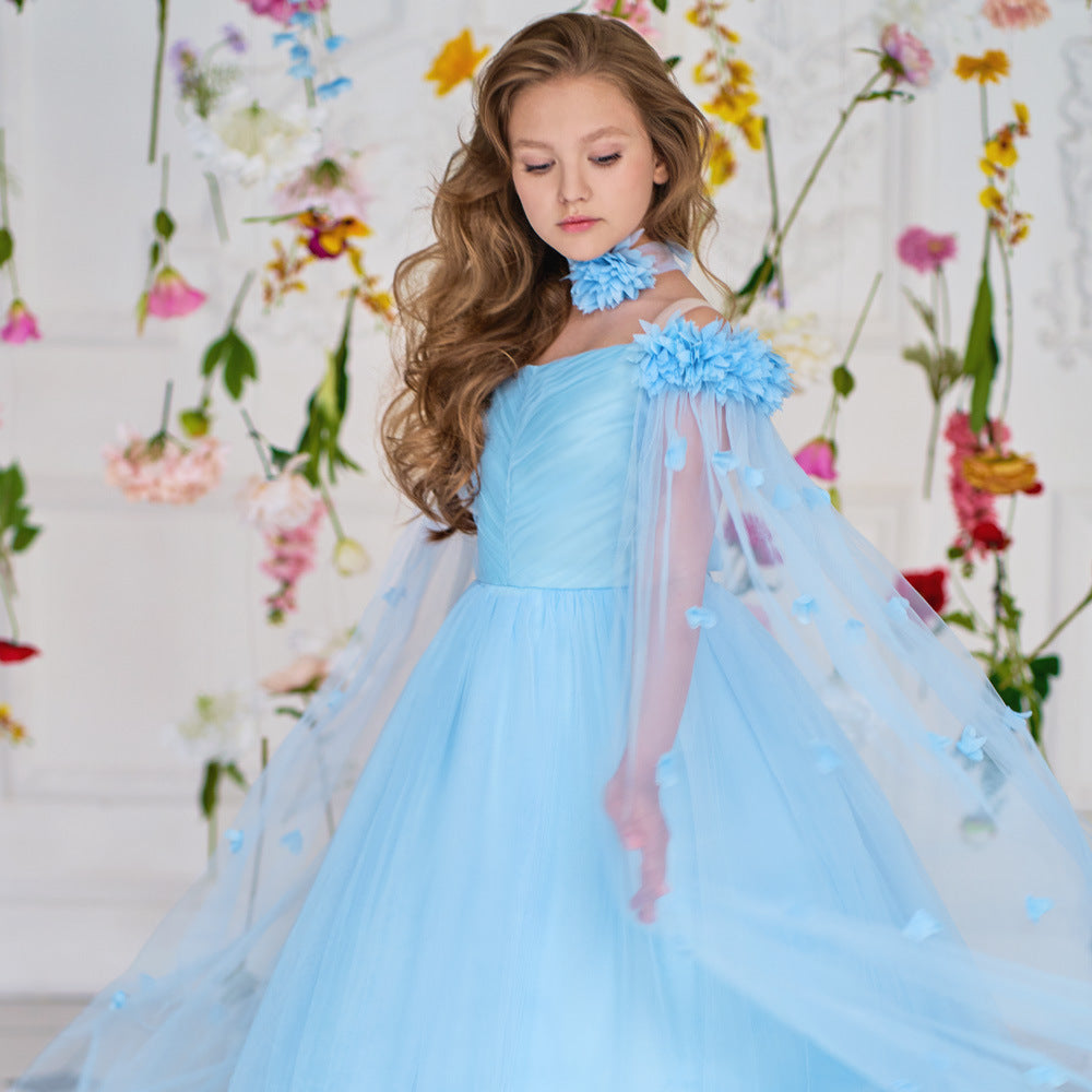 Cute Off Shoulder Maxi Tulle Dress for Girls – A-Line Princess Gown with Applique