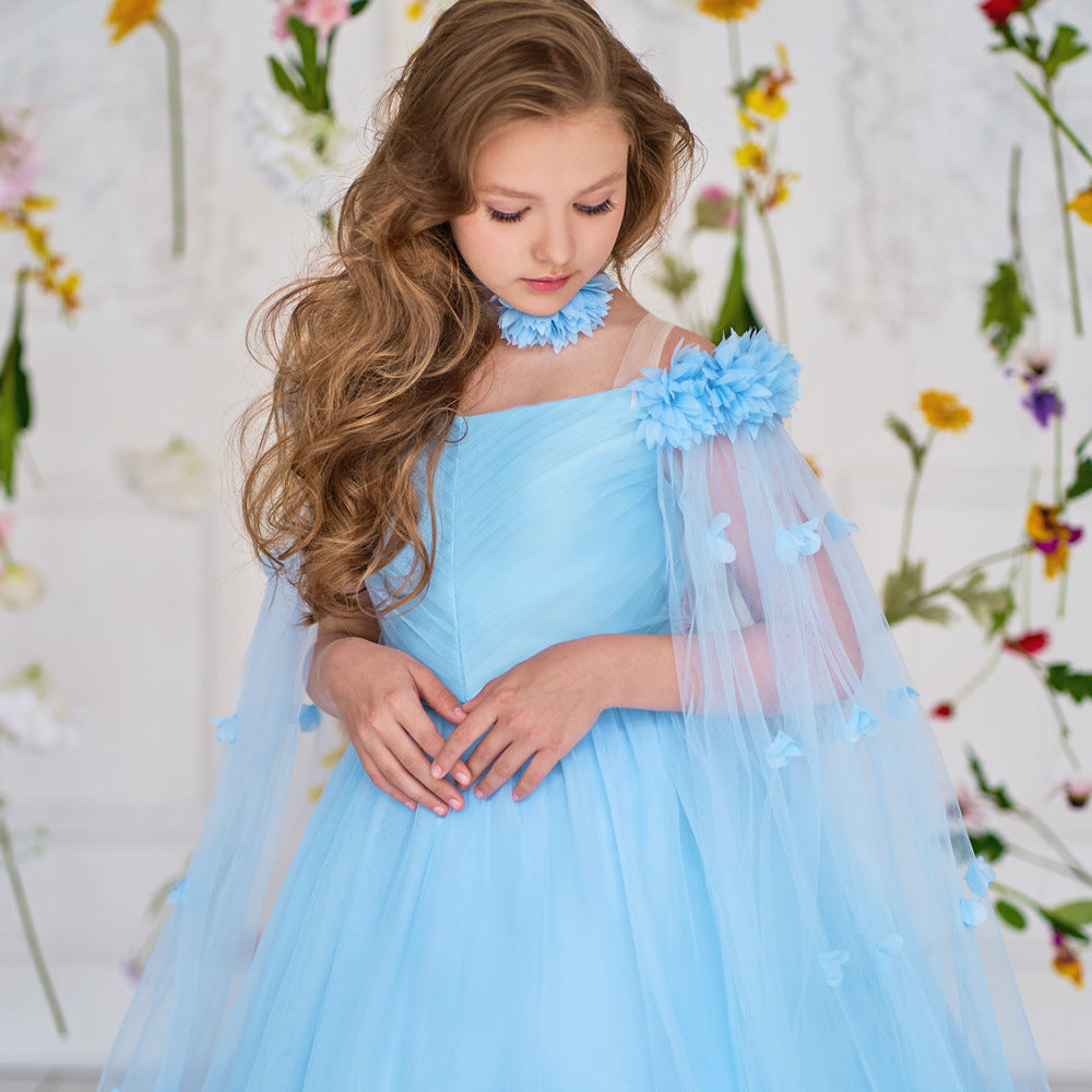 Cute Off Shoulder Maxi Tulle Dress for Girls – A-Line Princess Gown with Applique