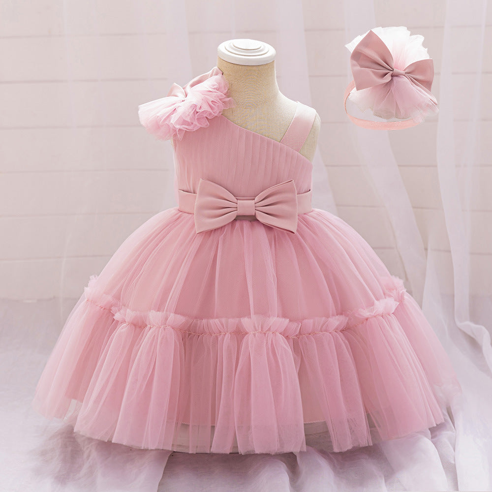 Off Shoulder Puffy Tulle Toddler Dress with Bowknot – Cute Party & Flower Girl Gown