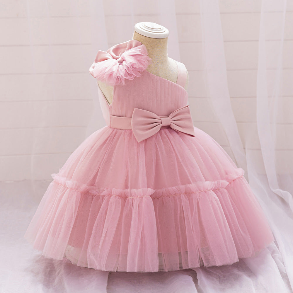 Off Shoulder Puffy Tulle Toddler Dress with Bowknot – Cute Party & Flower Girl Gown