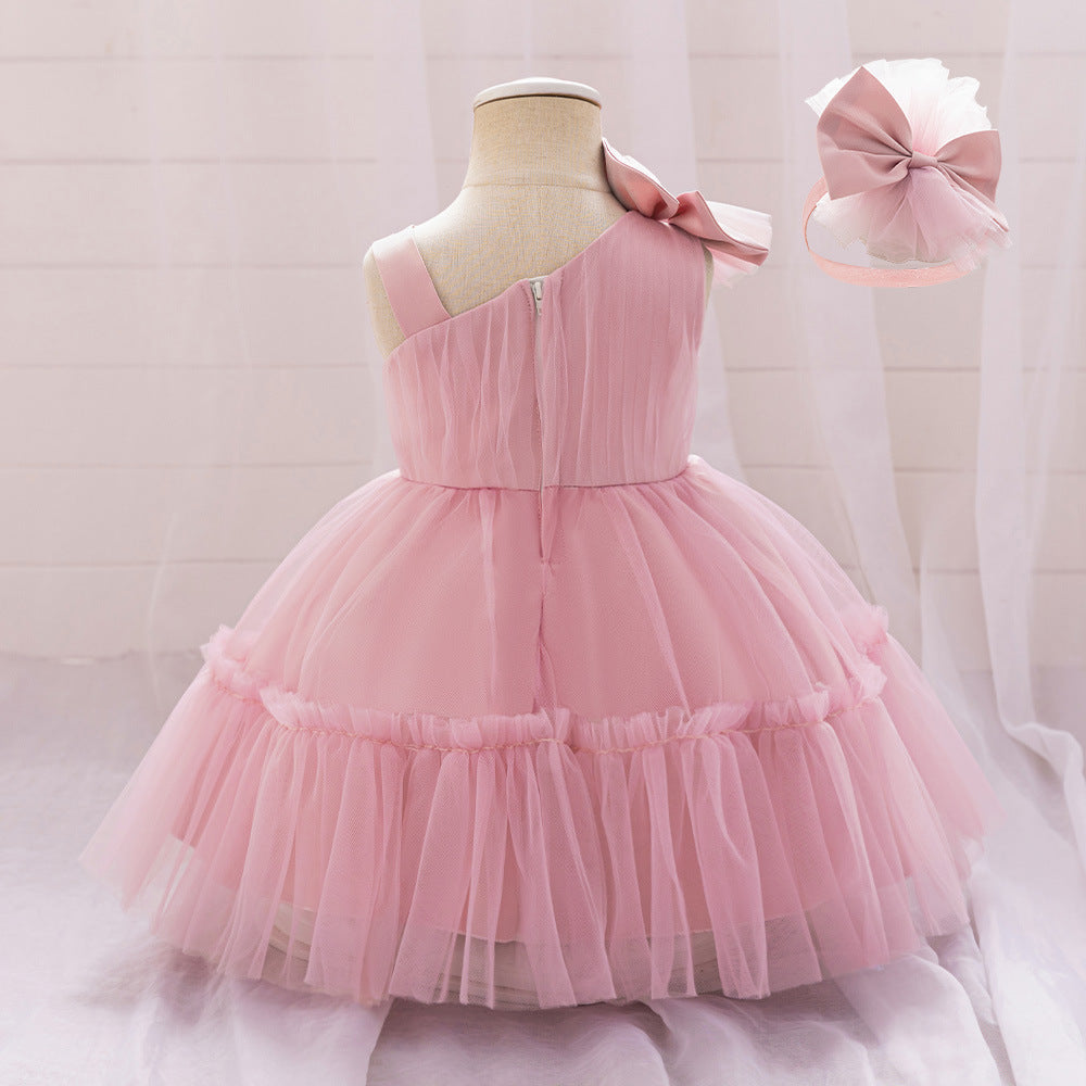 Off Shoulder Puffy Tulle Toddler Dress with Bowknot – Cute Party & Flower Girl Gown