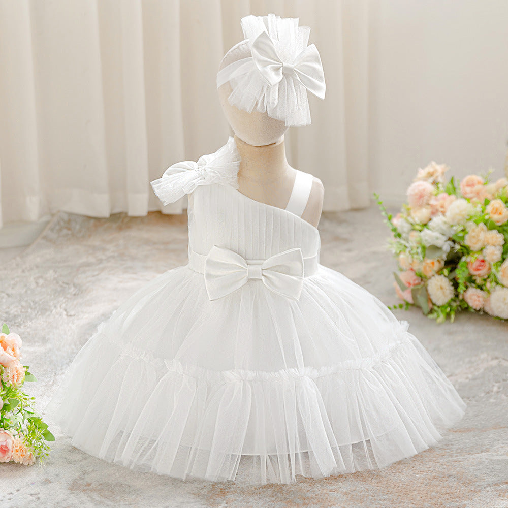 Off Shoulder Puffy Tulle Toddler Dress with Bowknot – Cute Party & Flower Girl Gown