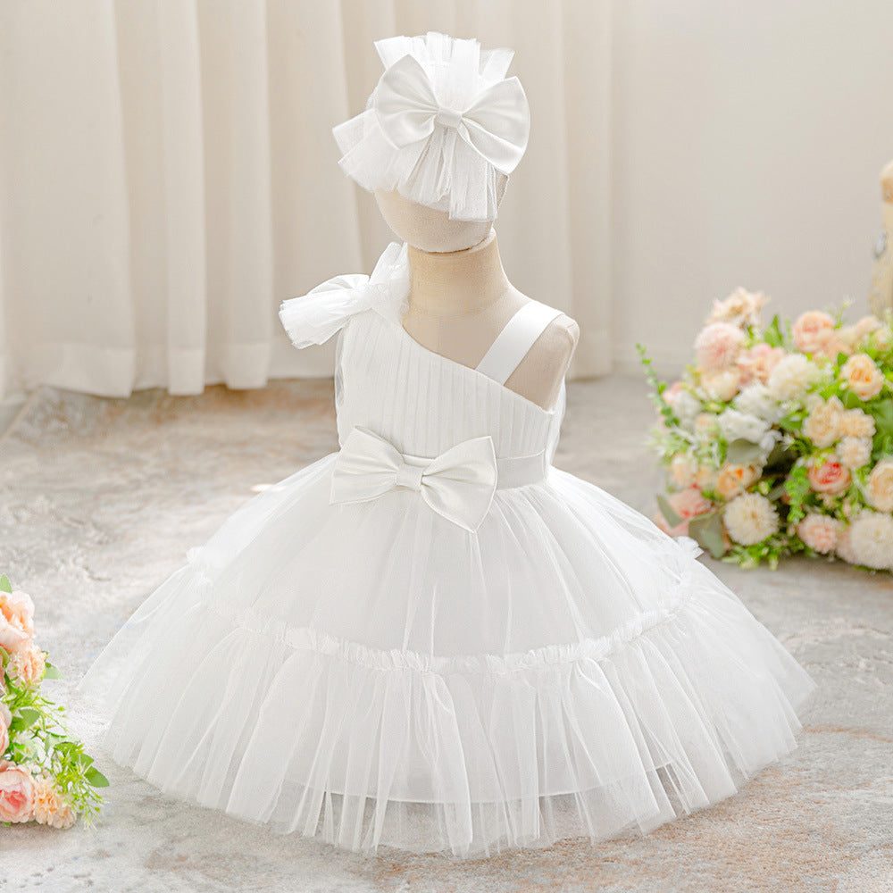 Off Shoulder Puffy Tulle Toddler Dress with Bowknot – Cute Party & Flower Girl Gown