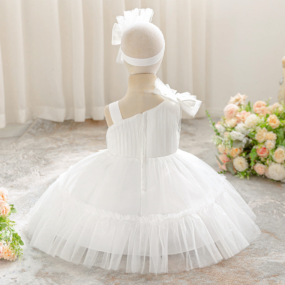 Off Shoulder Puffy Tulle Toddler Dress with Bowknot – Cute Party & Flower Girl Gown