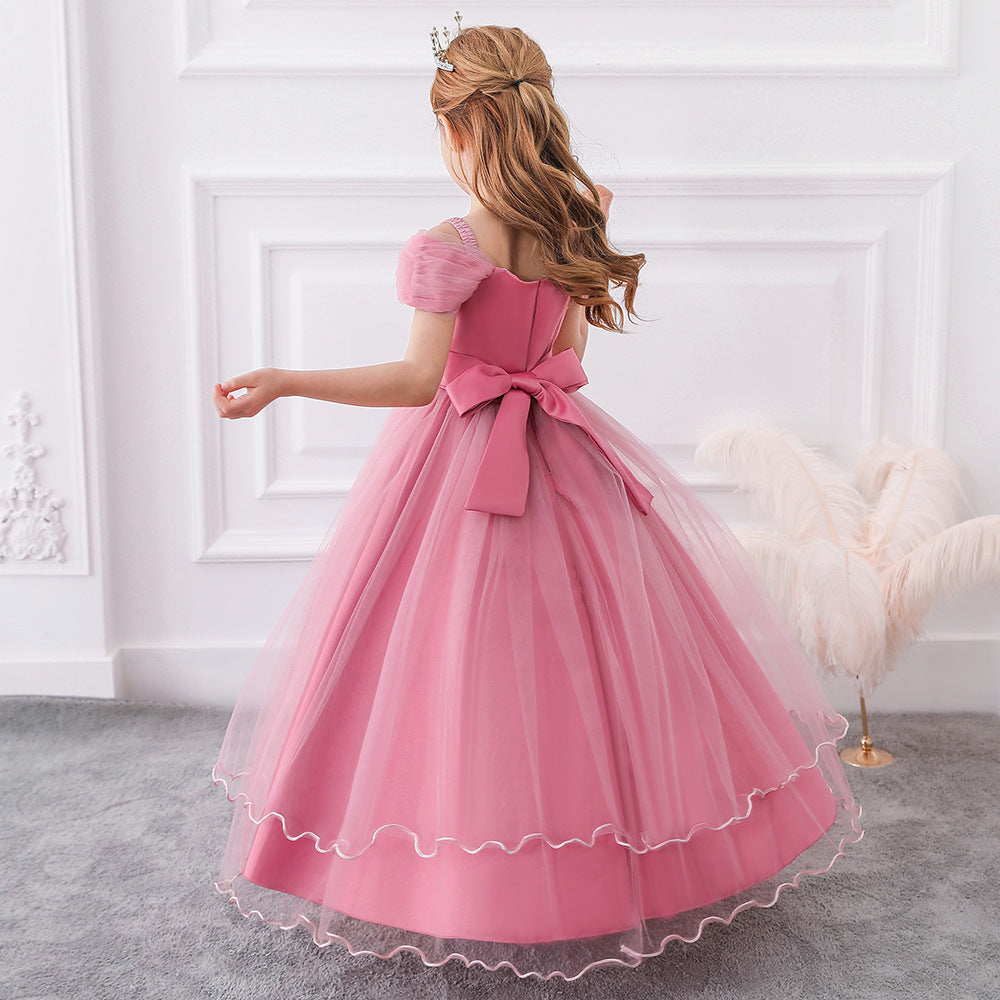 Girls Off Shoulder Mesh Floral Princess Maxi Dress | A-Line Party Gown
