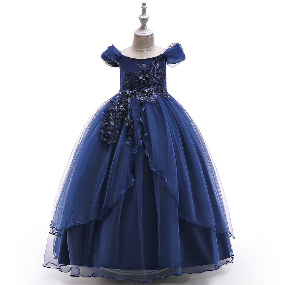 Girls Off Shoulder Mesh Floral Princess Maxi Dress | A-Line Party Gown