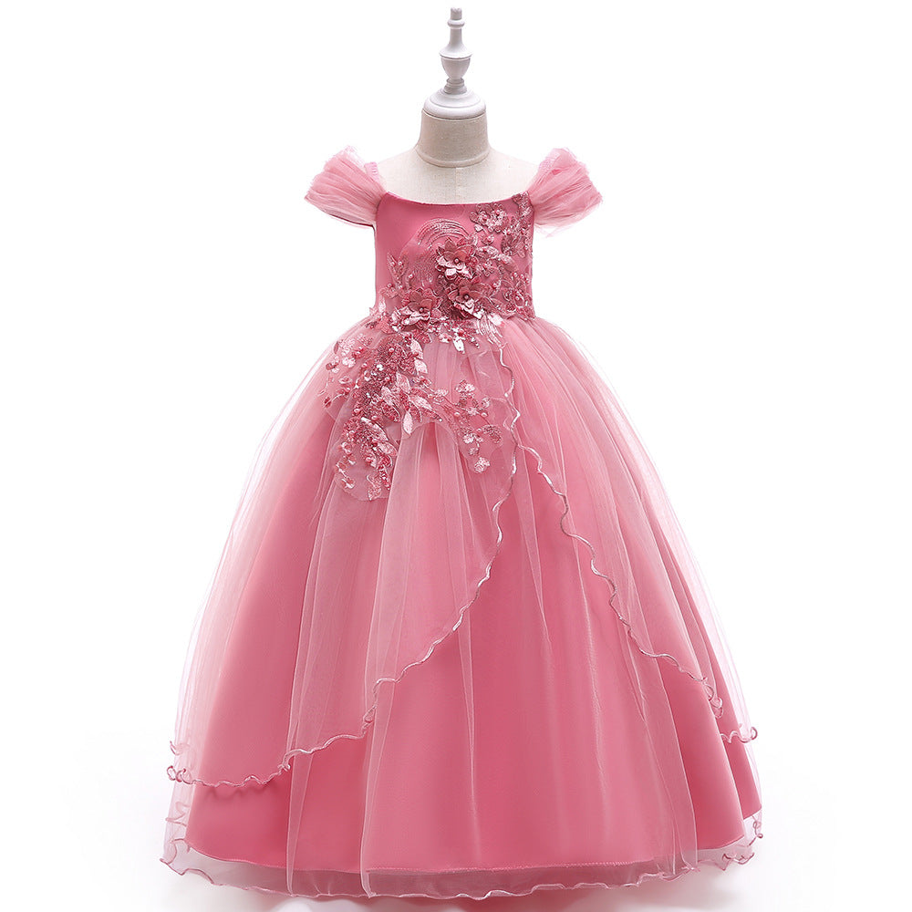 Girls Off Shoulder Mesh Floral Princess Maxi Dress | A-Line Party Gown