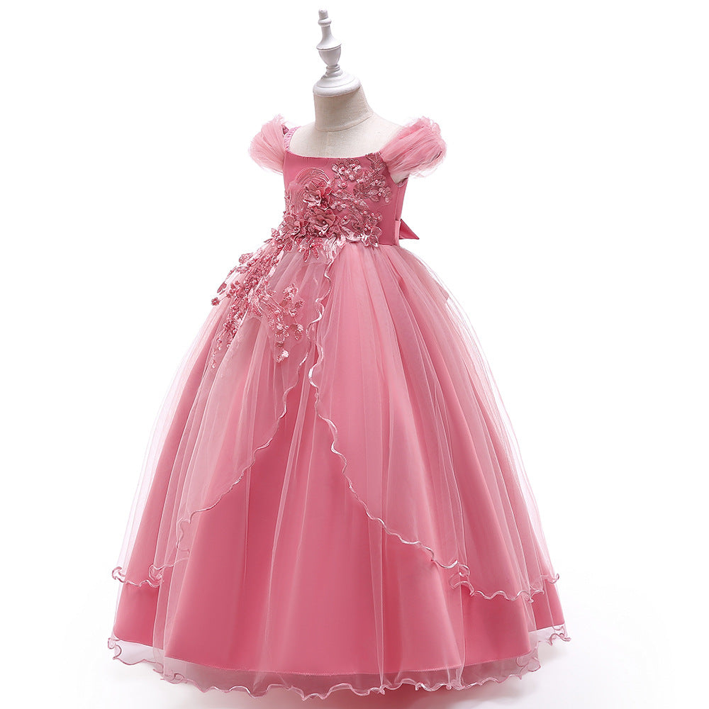 Girls Off Shoulder Mesh Floral Princess Maxi Dress | A-Line Party Gown