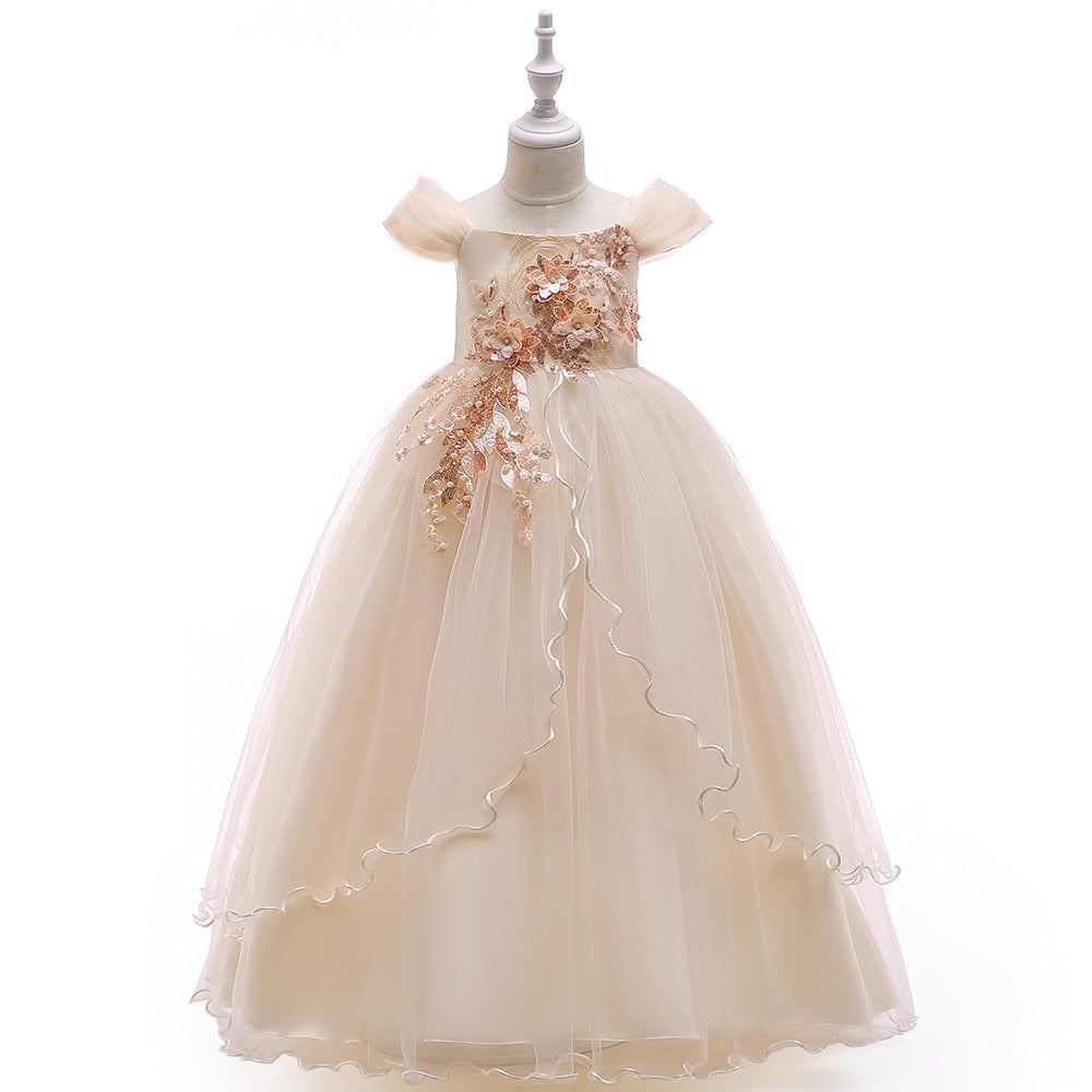 Girls Off Shoulder Mesh Floral Princess Maxi Dress | A-Line Party Gown
