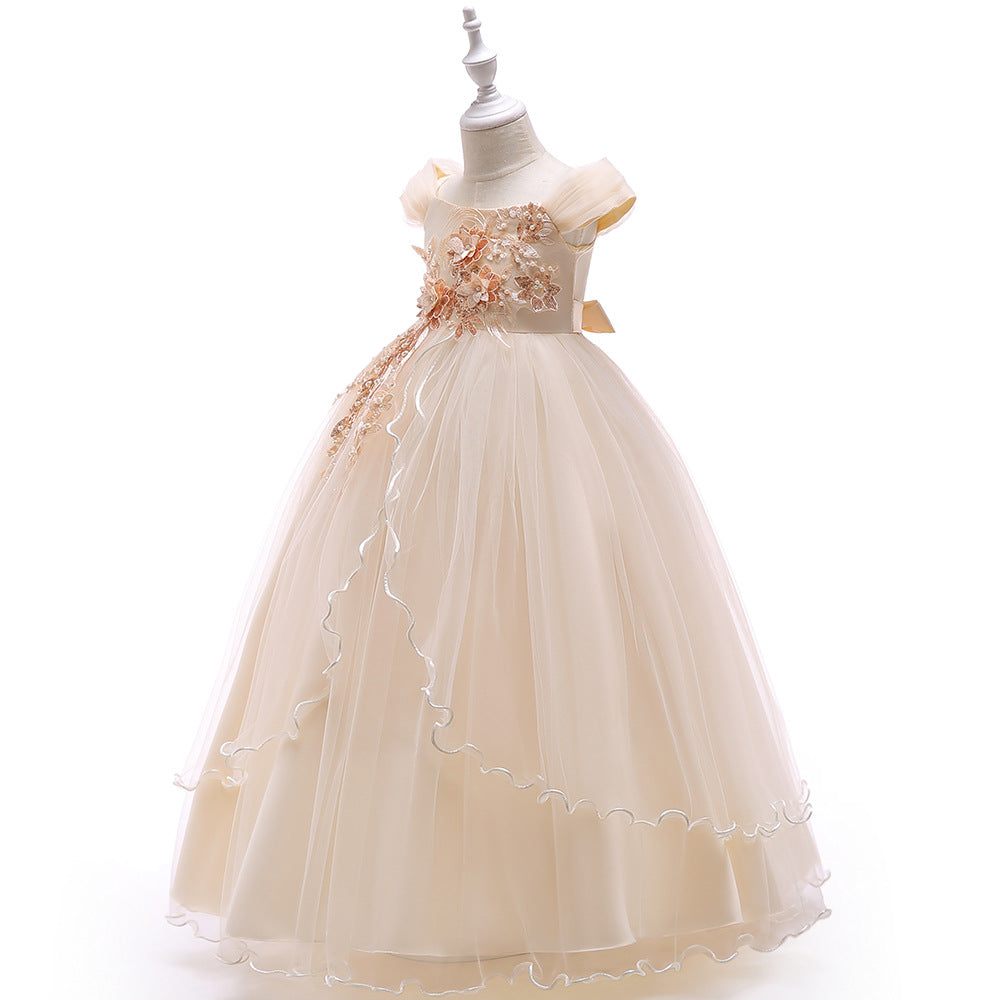 Girls Off Shoulder Mesh Floral Princess Maxi Dress | A-Line Party Gown