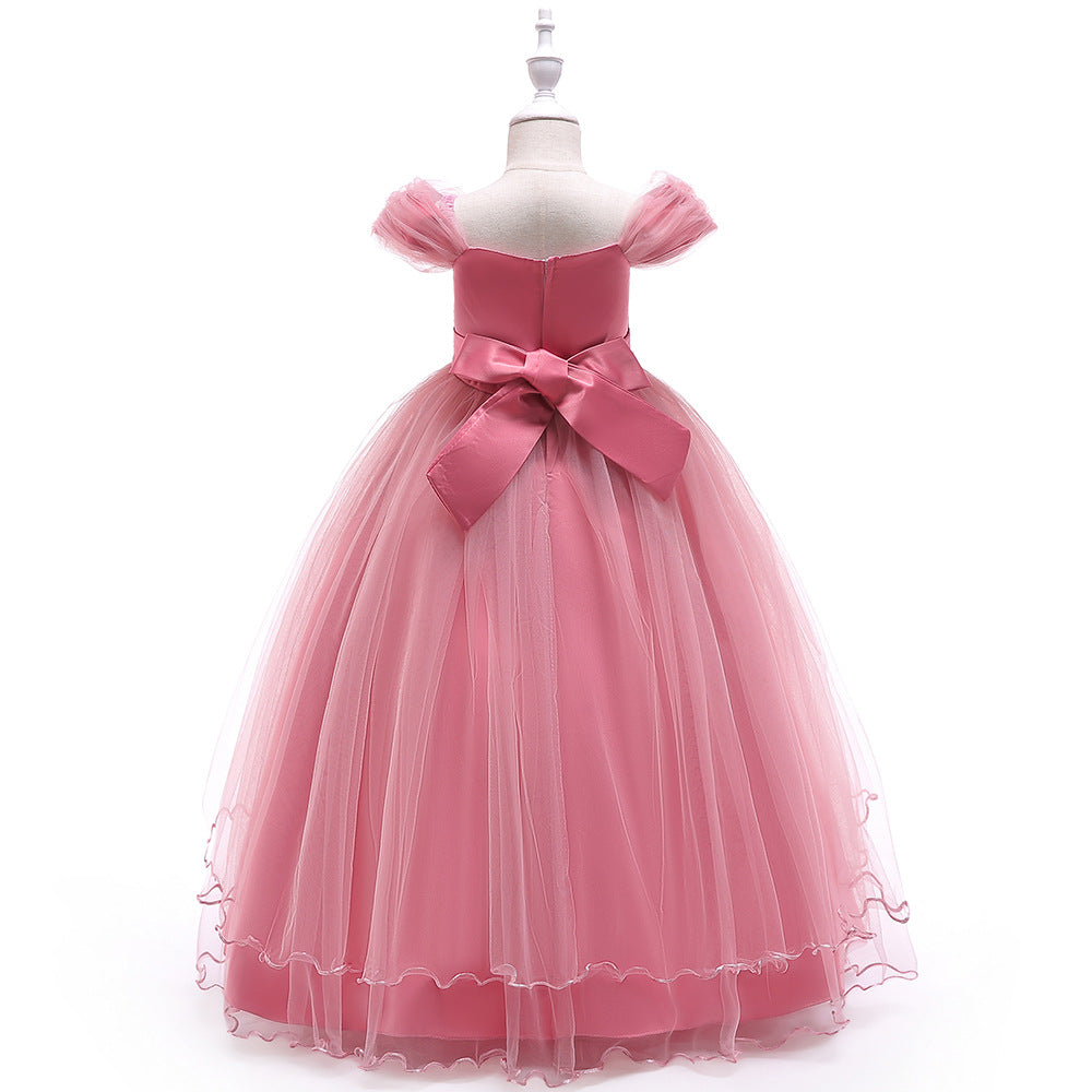 Girls Off Shoulder Mesh Floral Princess Maxi Dress | A-Line Party Gown