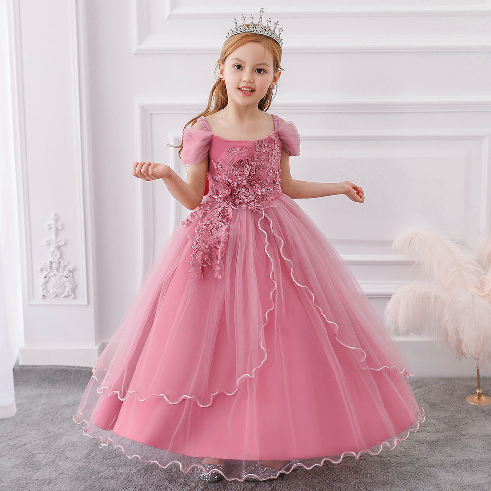 Girls Off Shoulder Mesh Floral Princess Maxi Dress | A-Line Party Gown