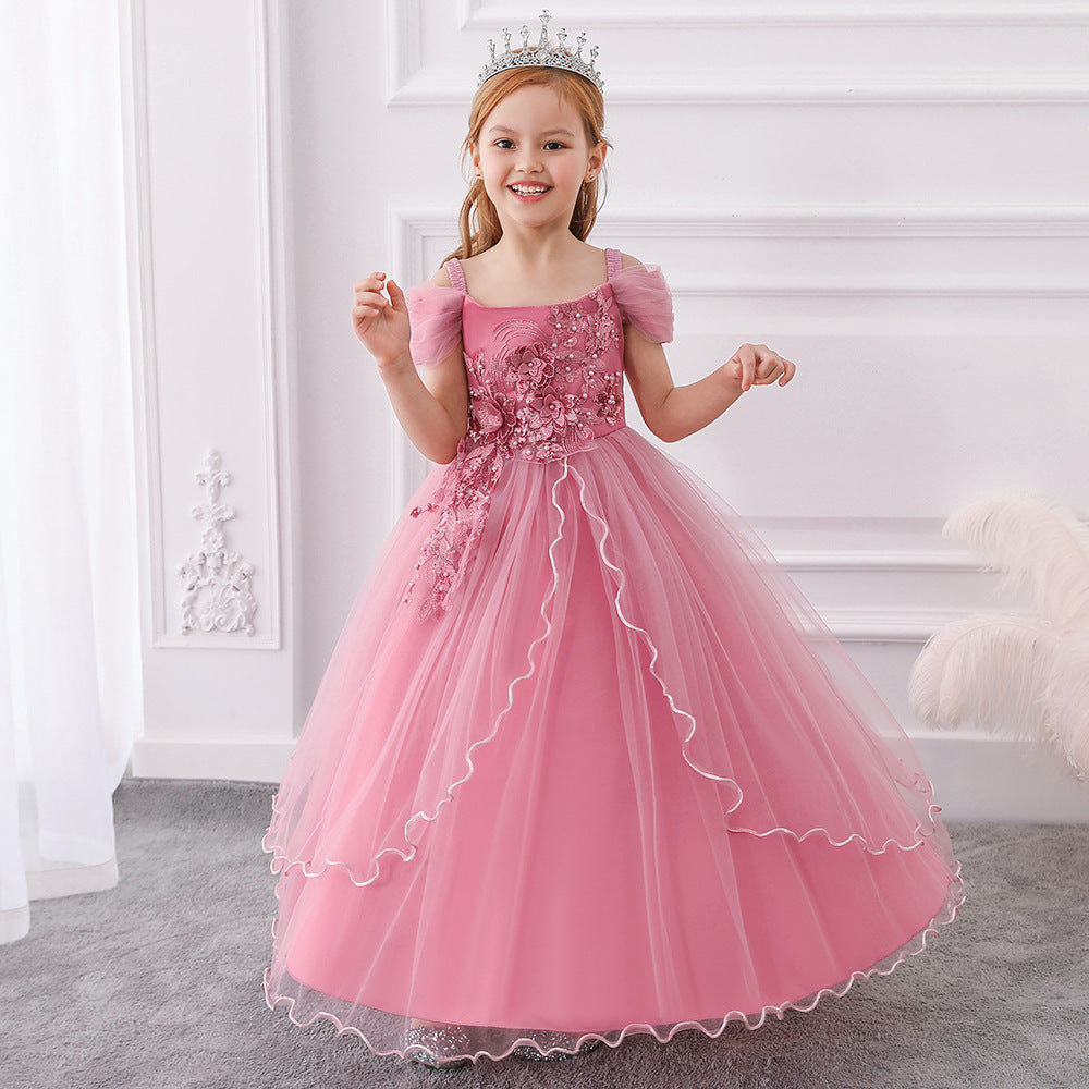 Girls Off Shoulder Mesh Floral Princess Maxi Dress | A-Line Party Gown