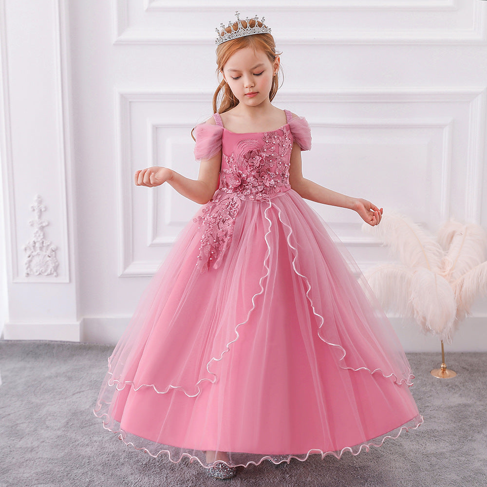 Girls Off Shoulder Mesh Floral Princess Maxi Dress | A-Line Party Gown