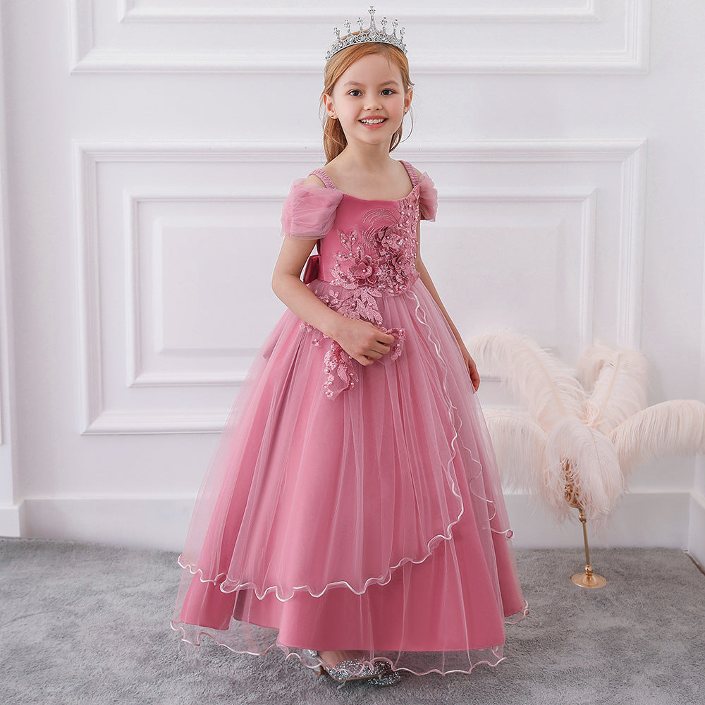 Girls Off Shoulder Mesh Floral Princess Maxi Dress | A-Line Party Gown