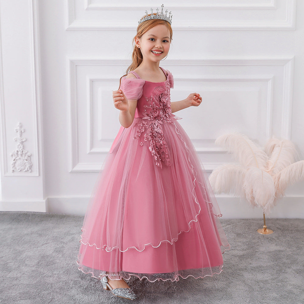 Girls Off Shoulder Mesh Floral Princess Maxi Dress | A-Line Party Gown
