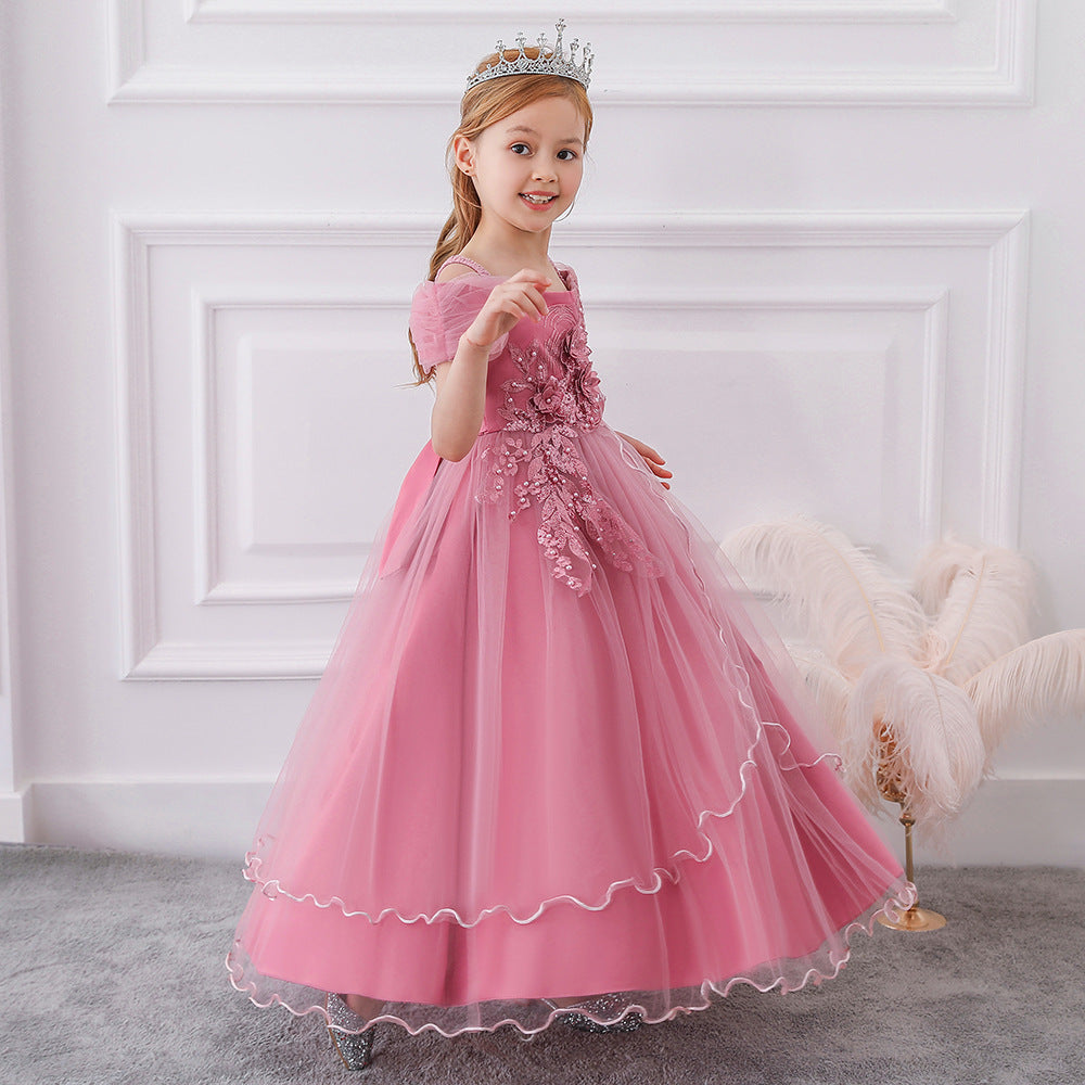 Girls Off Shoulder Mesh Floral Princess Maxi Dress | A-Line Party Gown