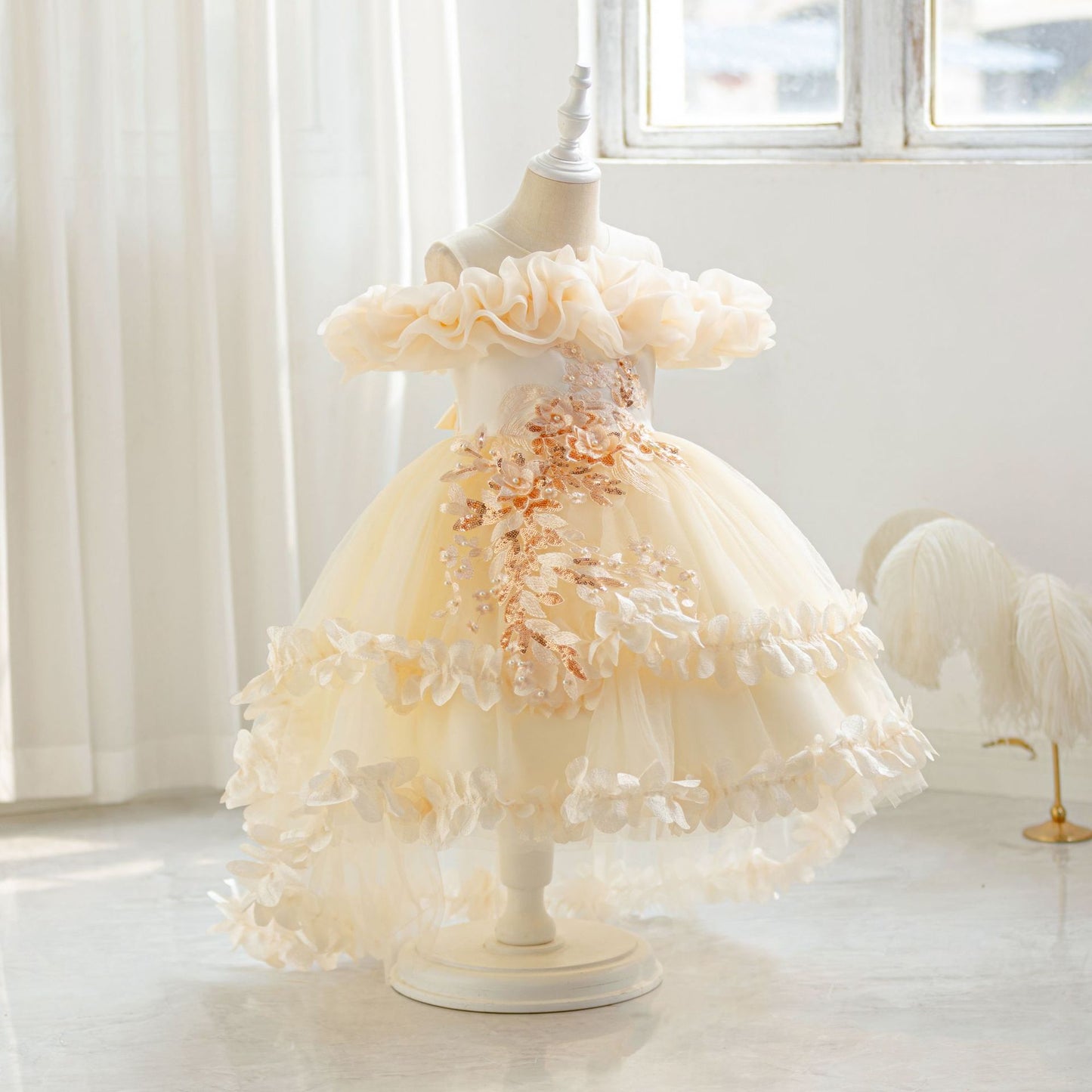 Cute Off Shoulder Puffy Mesh Ball Gown Dress for Girls | Party & Flower Girl