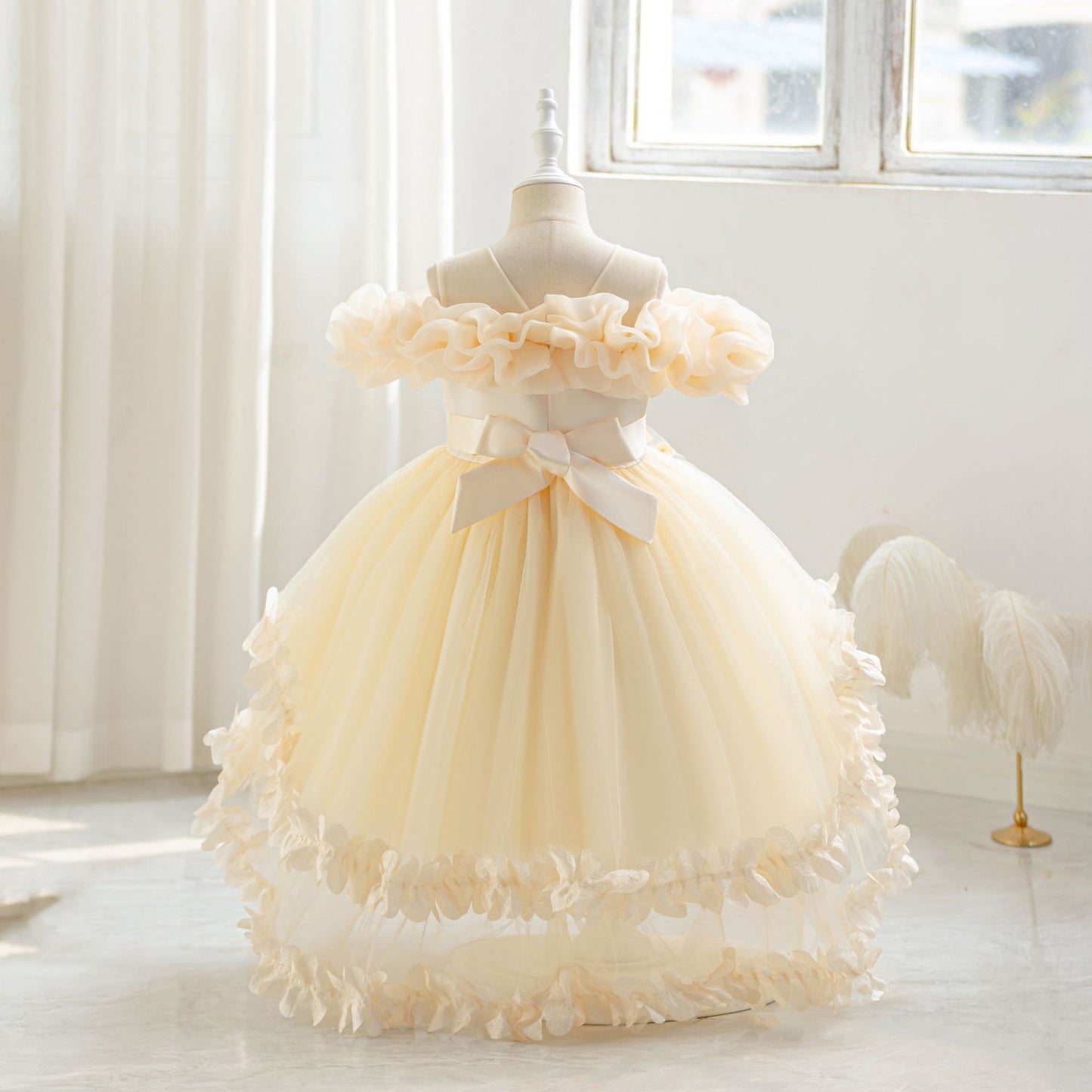 Cute Off Shoulder Puffy Mesh Ball Gown Dress for Girls | Party & Flower Girl