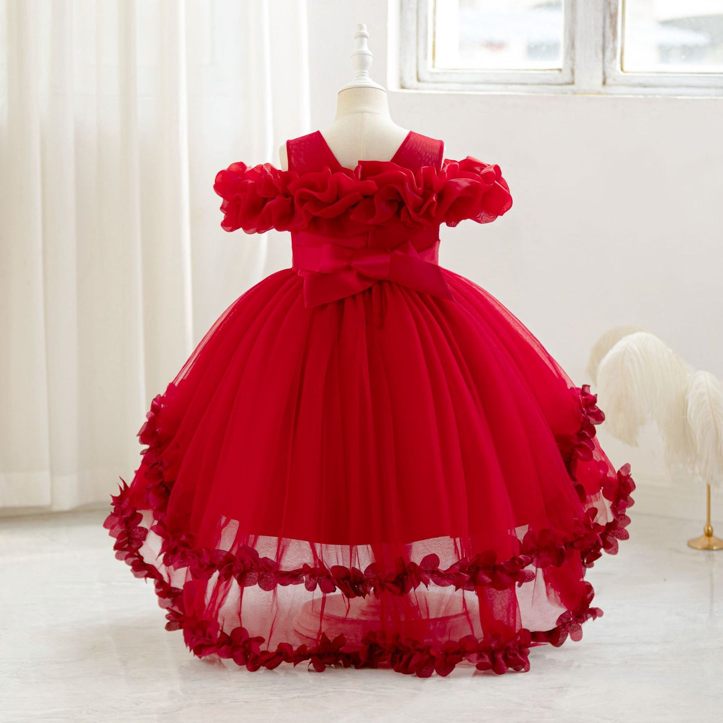 Cute Off Shoulder Puffy Mesh Ball Gown Dress for Girls | Party & Flower Girl