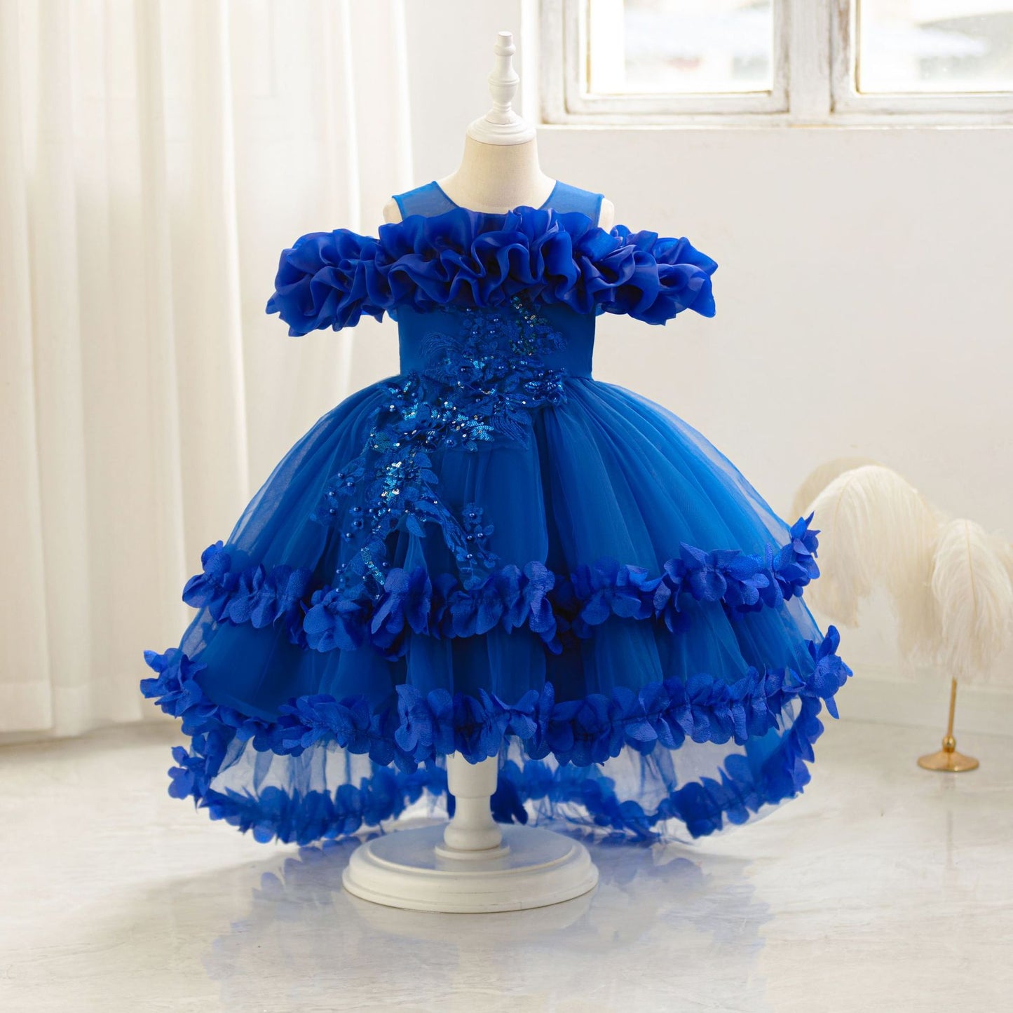 Cute Off Shoulder Puffy Mesh Ball Gown Dress for Girls | Party & Flower Girl