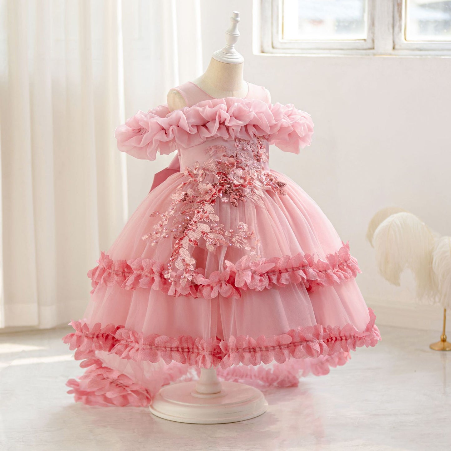 Cute Off Shoulder Puffy Mesh Ball Gown Dress for Girls | Party & Flower Girl