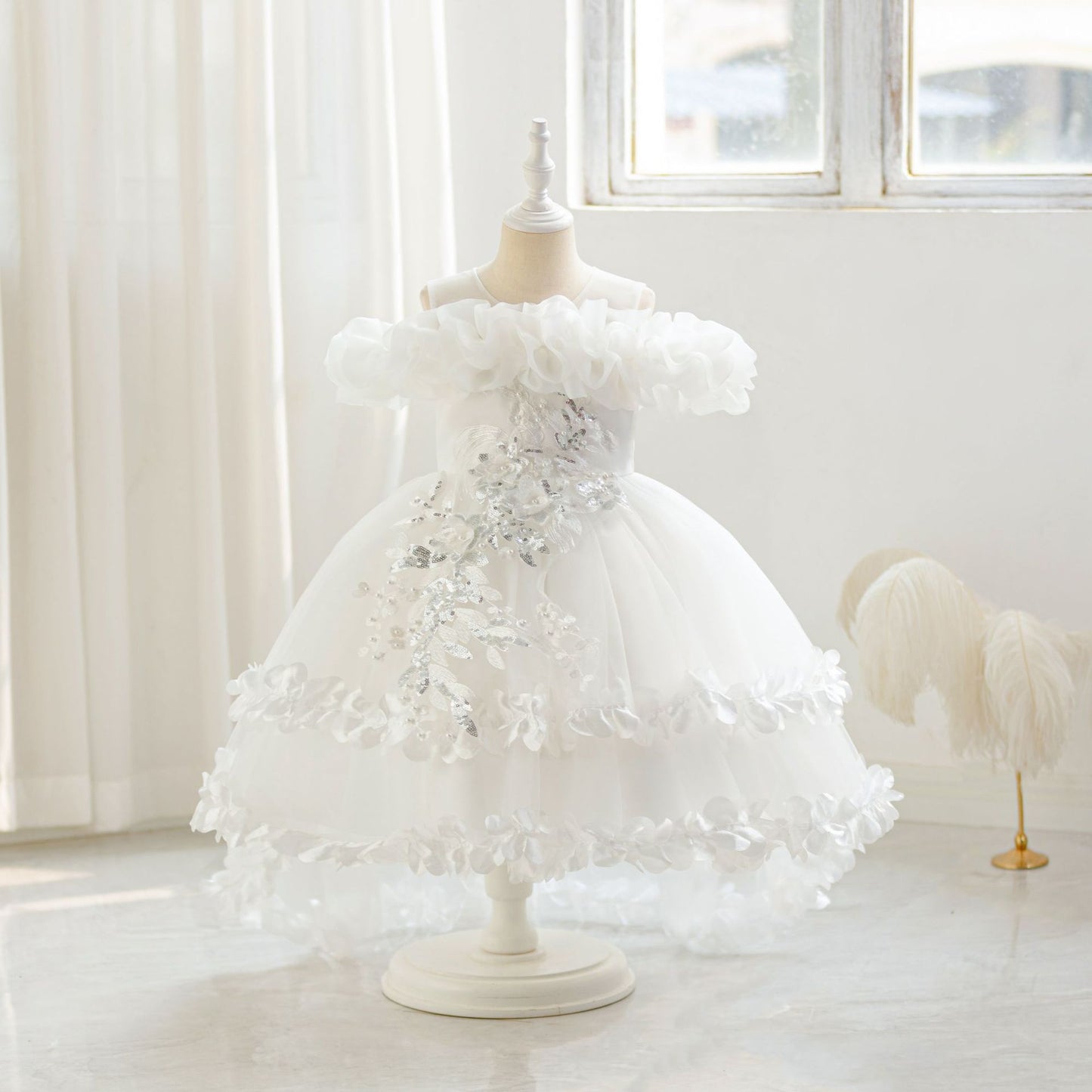 Cute Off Shoulder Puffy Mesh Ball Gown Dress for Girls | Party & Flower Girl