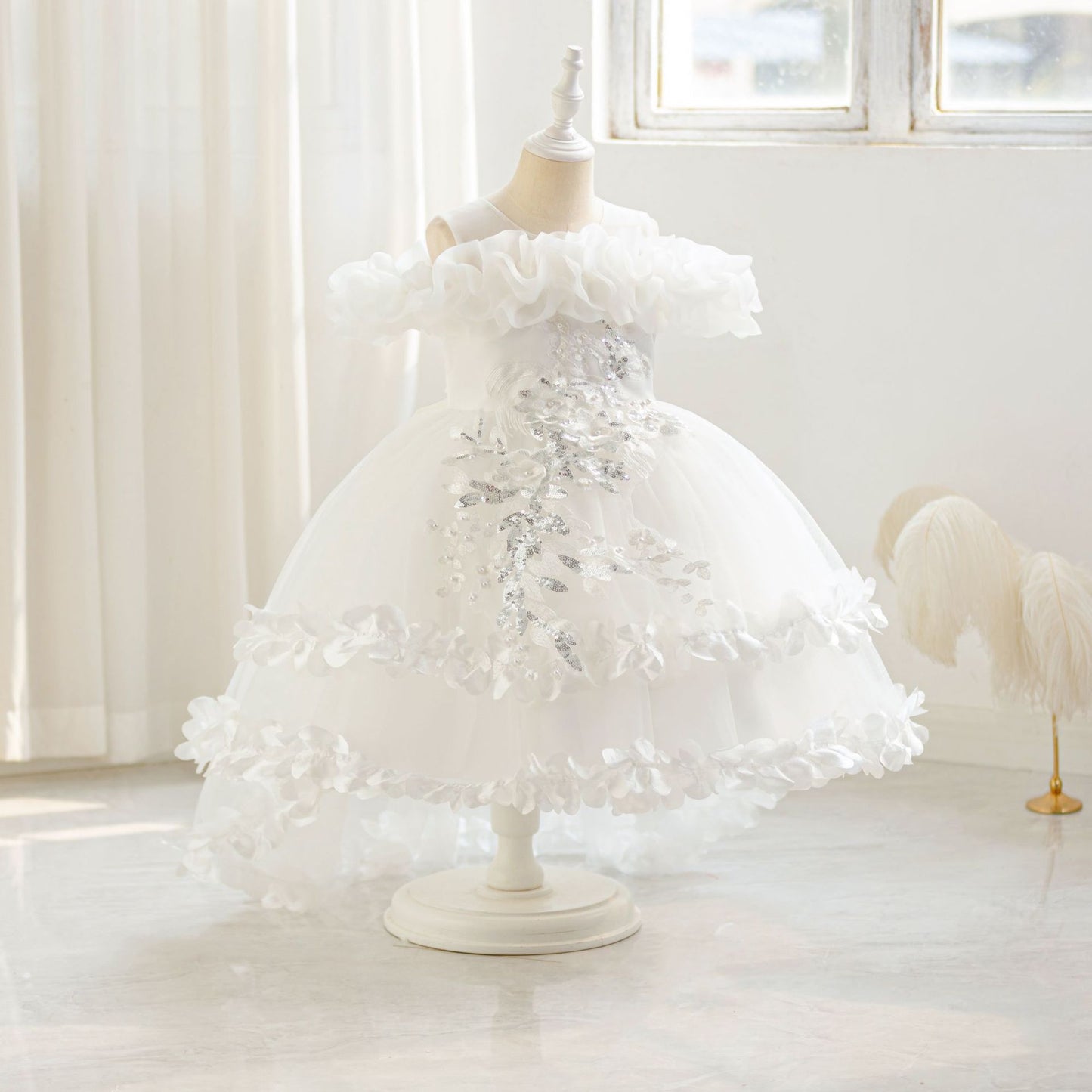 Cute Off Shoulder Puffy Mesh Ball Gown Dress for Girls | Party & Flower Girl
