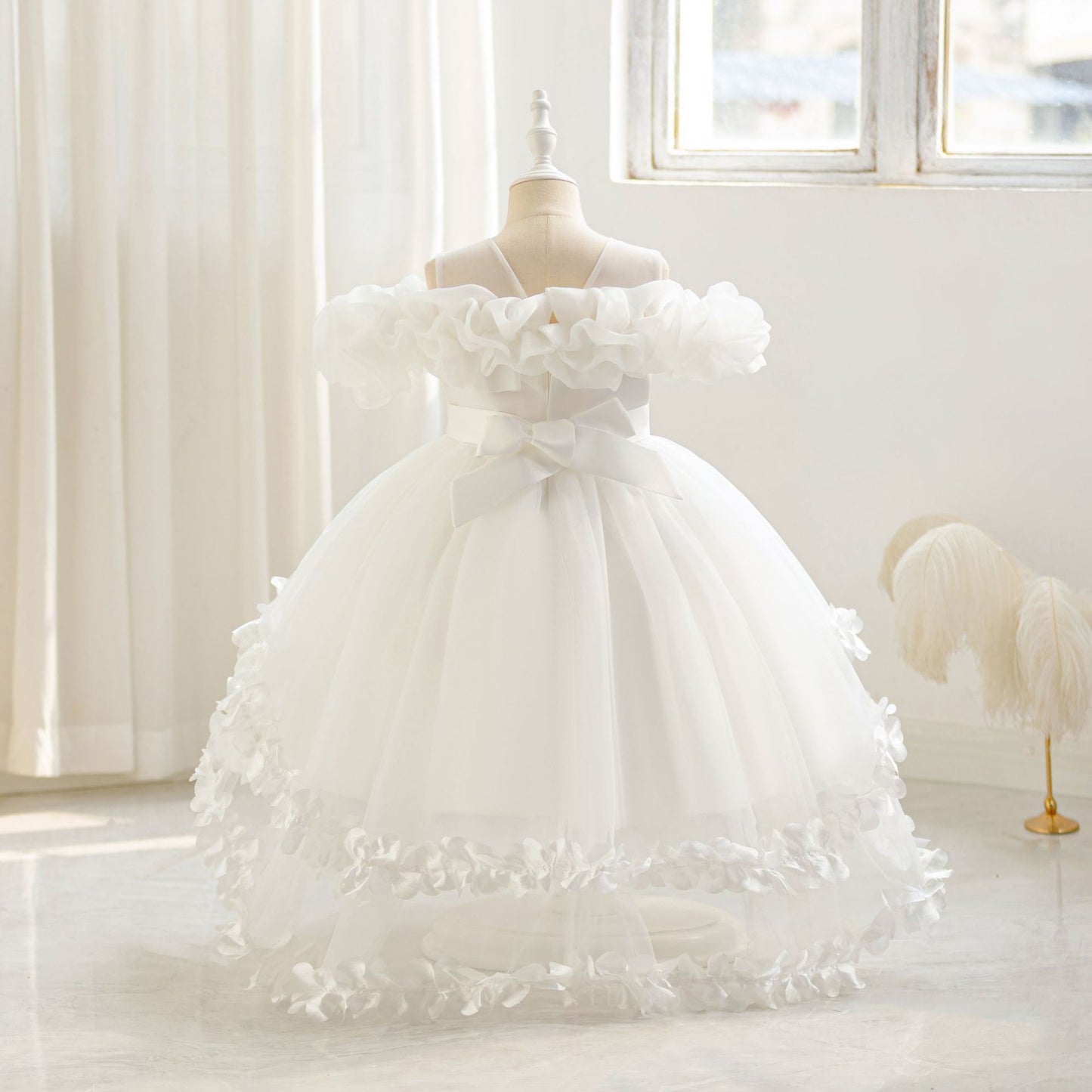 Cute Off Shoulder Puffy Mesh Ball Gown Dress for Girls | Party & Flower Girl