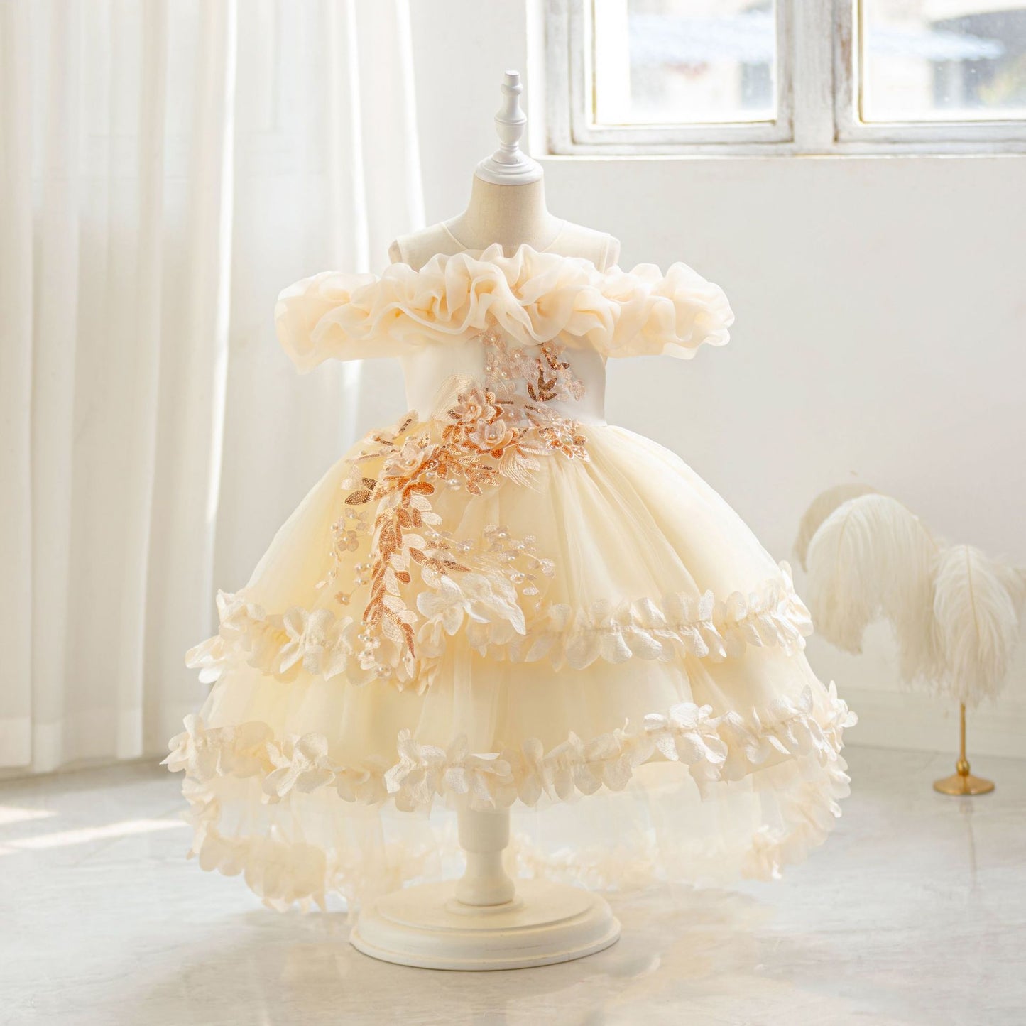 Cute Off Shoulder Puffy Mesh Ball Gown Dress for Girls | Party & Flower Girl