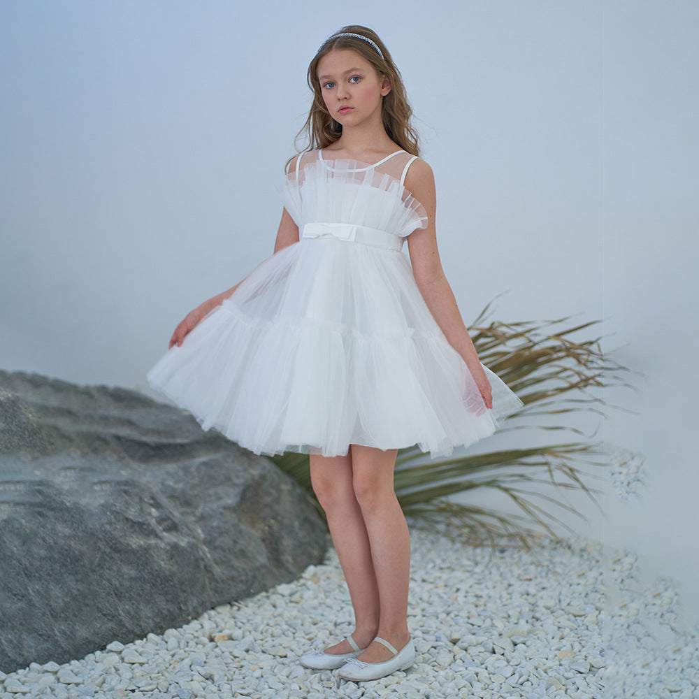 Cute Off Shoulder Pleated Tulle Flower Girl Dress for Parties & Weddings