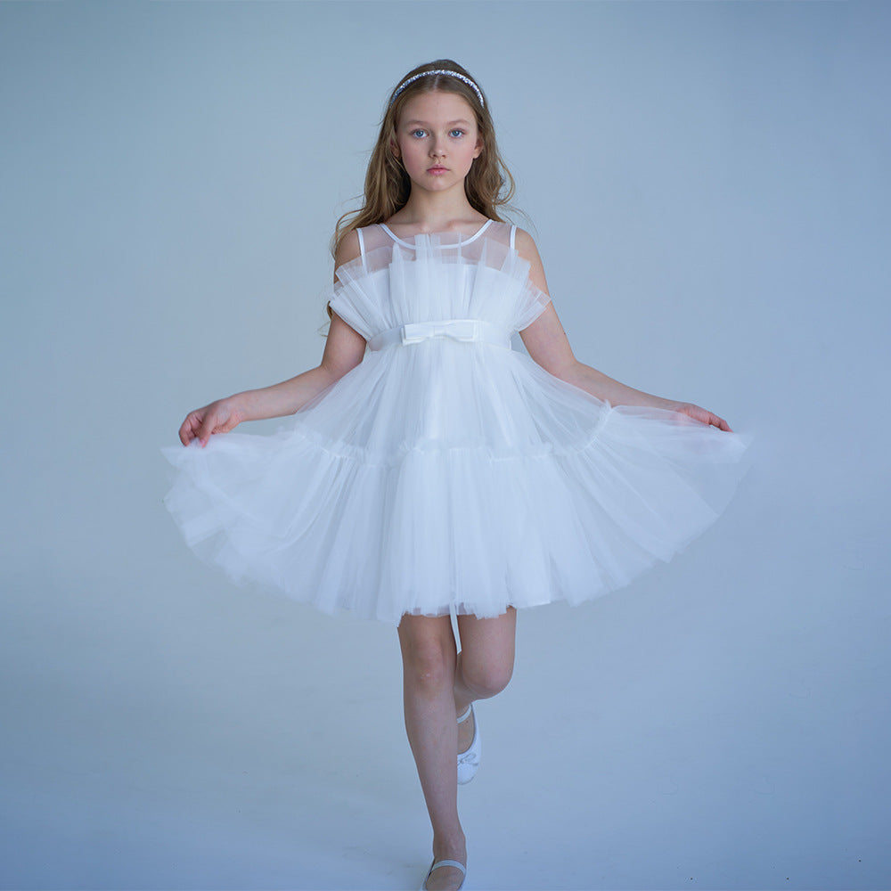 Cute Off Shoulder Pleated Tulle Flower Girl Dress for Parties & Weddings