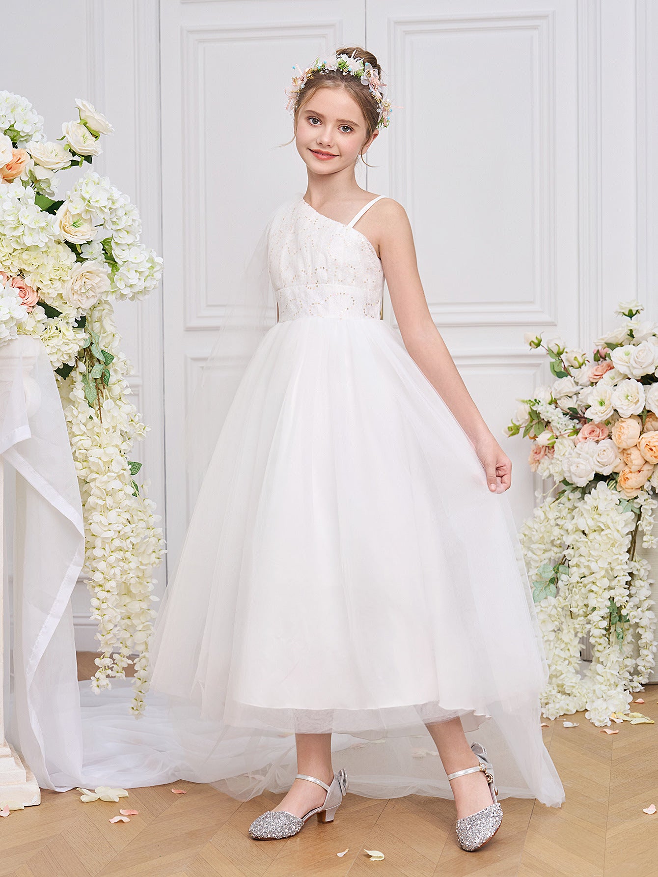 Frocklet Cute Off Shoulder High-Low White Tulle Girl's Dress with Sequins – For Parties, Weddings & Special Events 2