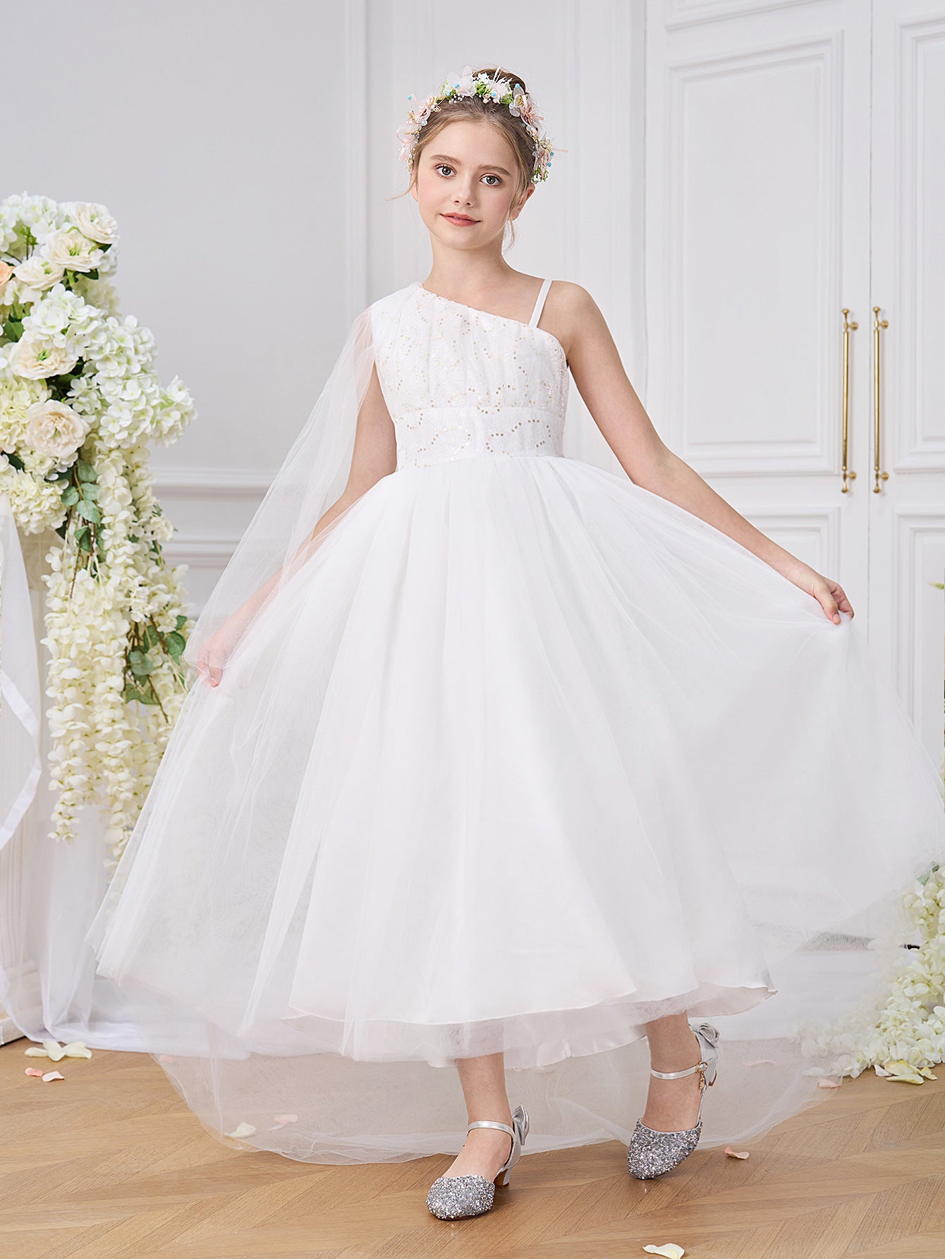 Cute Off Shoulder High-Low White Tulle Girl's Dress with Sequins – For Parties, Weddings & Special Events