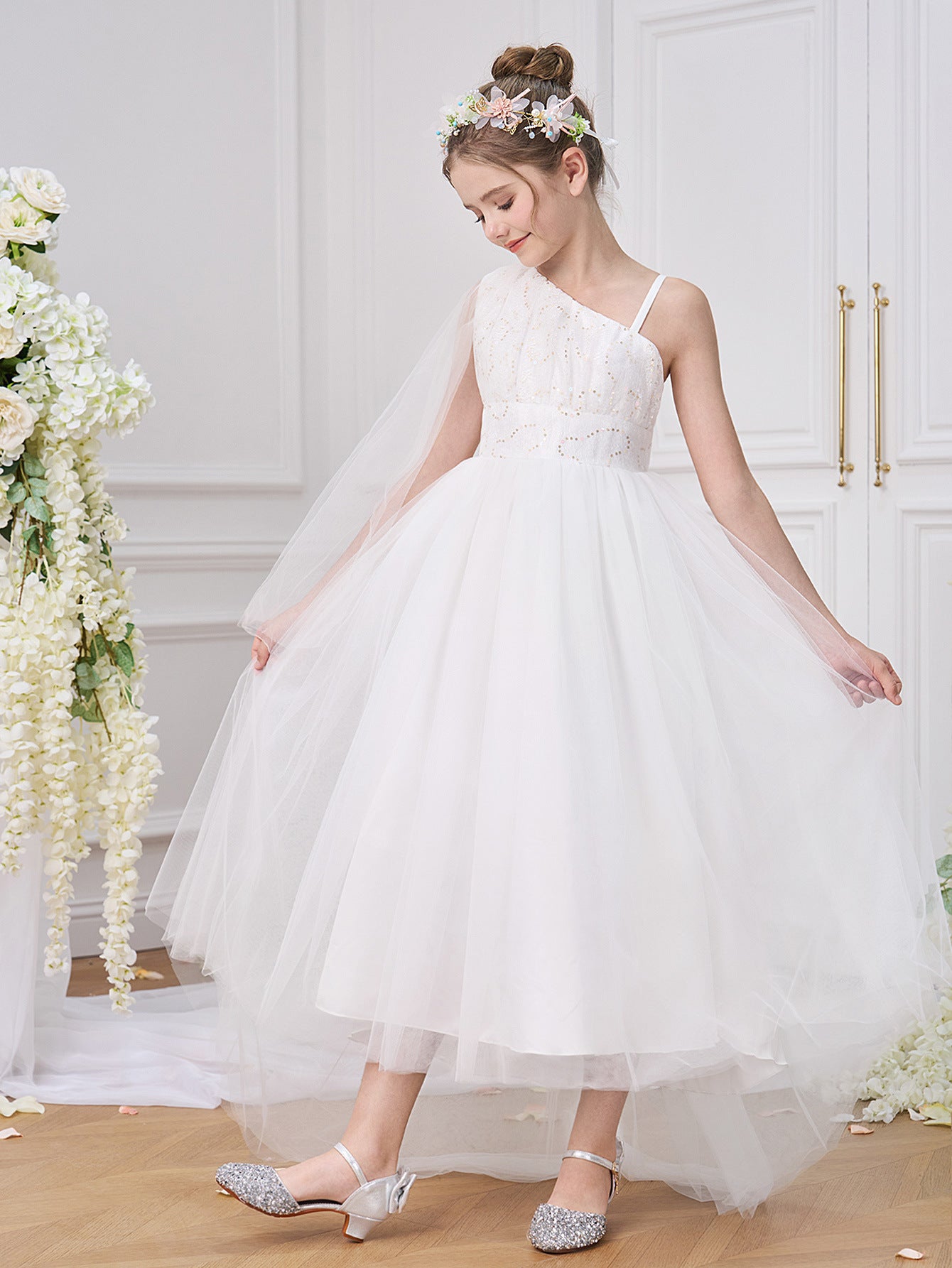 Cute Off Shoulder High-Low White Tulle Girl's Dress with Sequins – For Parties, Weddings & Special Events