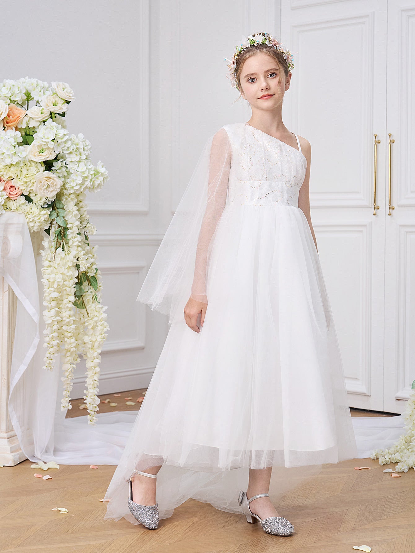 Cute Off Shoulder High-Low White Tulle Girl's Dress with Sequins – For Parties, Weddings & Special Events
