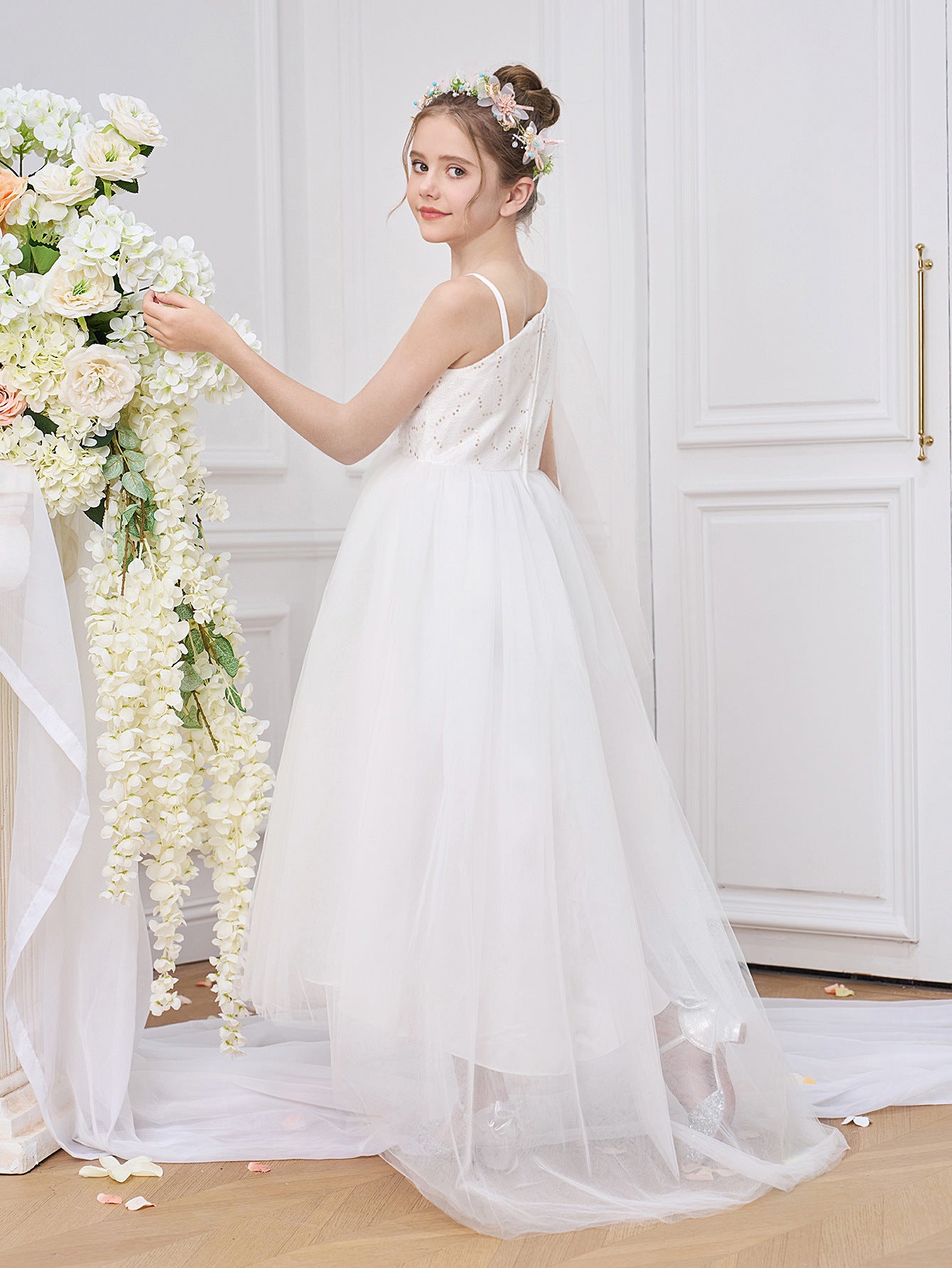 Cute Off Shoulder High-Low White Tulle Girl's Dress with Sequins – For Parties, Weddings & Special Events