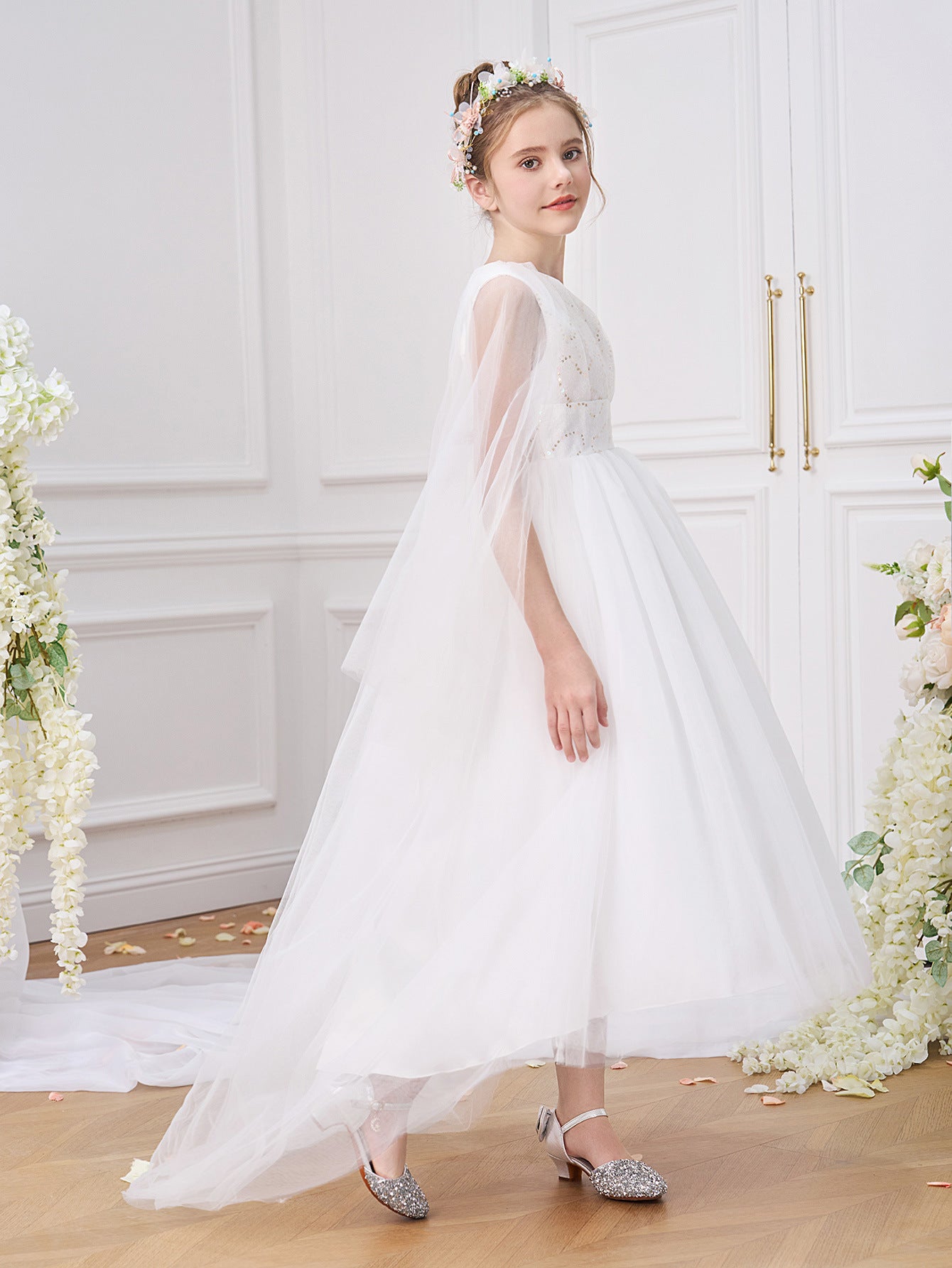 Cute Off Shoulder High-Low White Tulle Girl's Dress with Sequins – For Parties, Weddings & Special Events