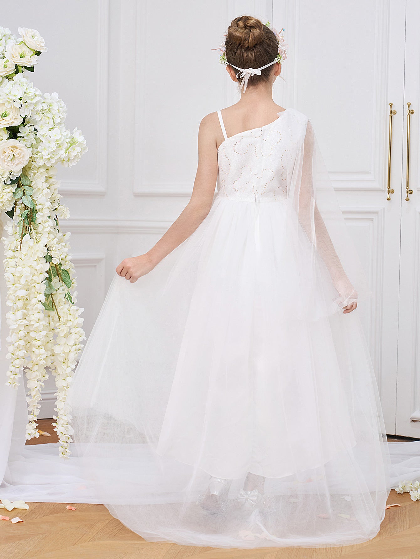 Cute Off Shoulder High-Low White Tulle Girl's Dress with Sequins – For Parties, Weddings & Special Events