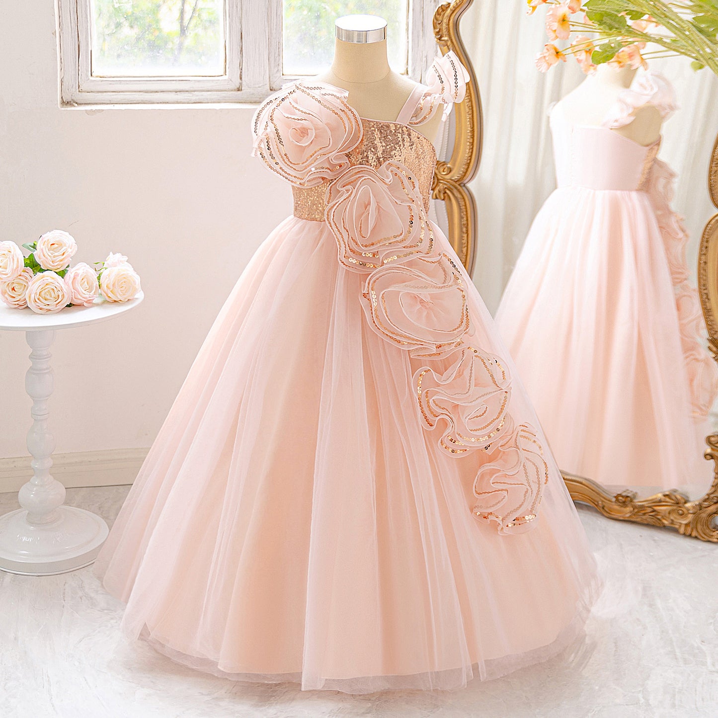 Light Pink Off Shoulder Mesh Maxi Dress for Girls with Sequin & Appliqué | Special Occasion & Flower Girl