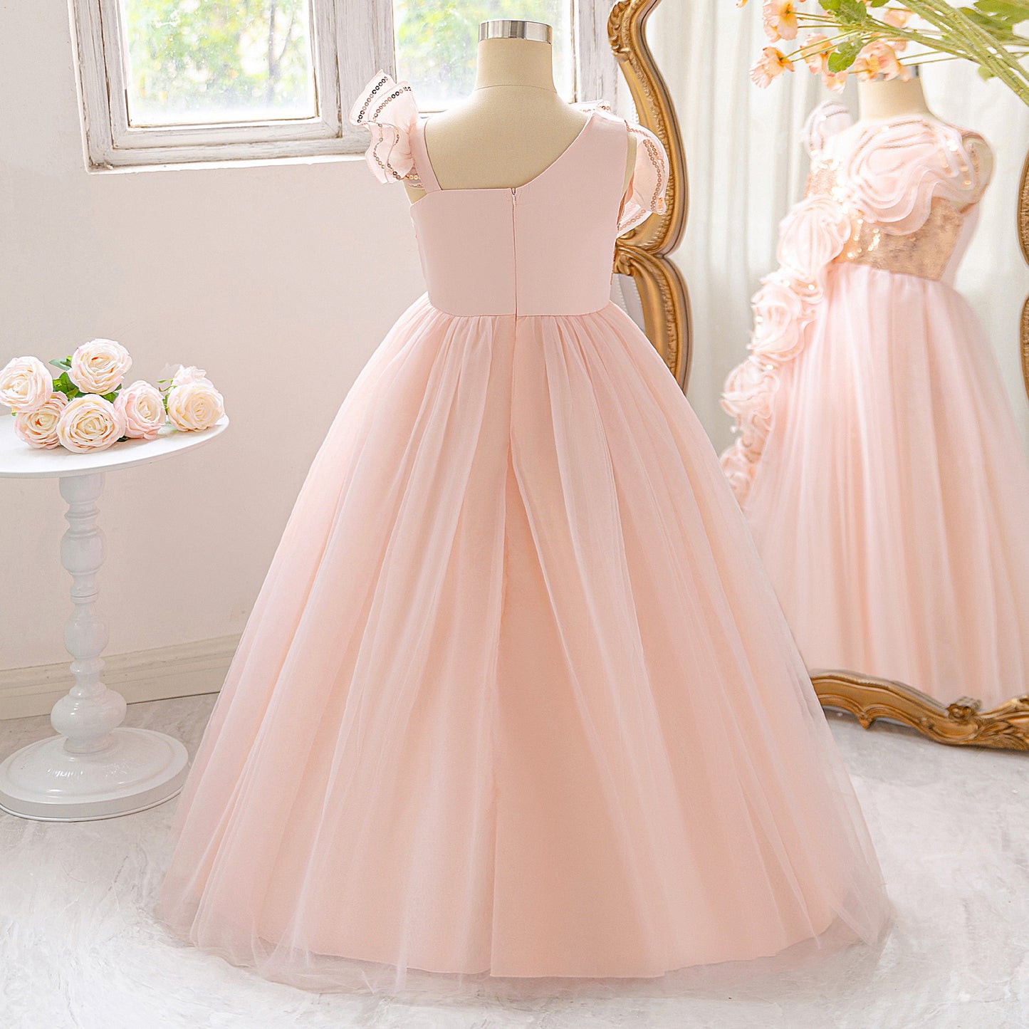 Light Pink Off Shoulder Mesh Maxi Dress for Girls with Sequin & Appliqué | Special Occasion & Flower Girl