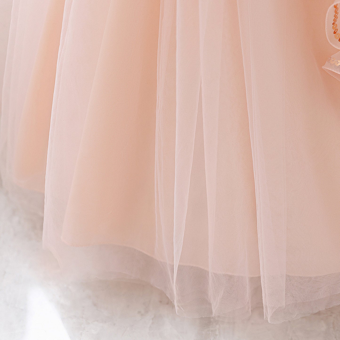 Light Pink Off Shoulder Mesh Maxi Dress for Girls with Sequin & Appliqué | Special Occasion & Flower Girl