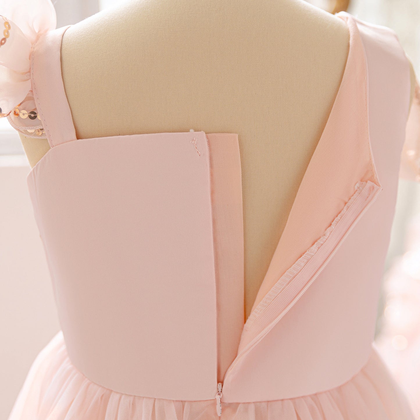 Light Pink Off Shoulder Mesh Maxi Dress for Girls with Sequin & Appliqué | Special Occasion & Flower Girl