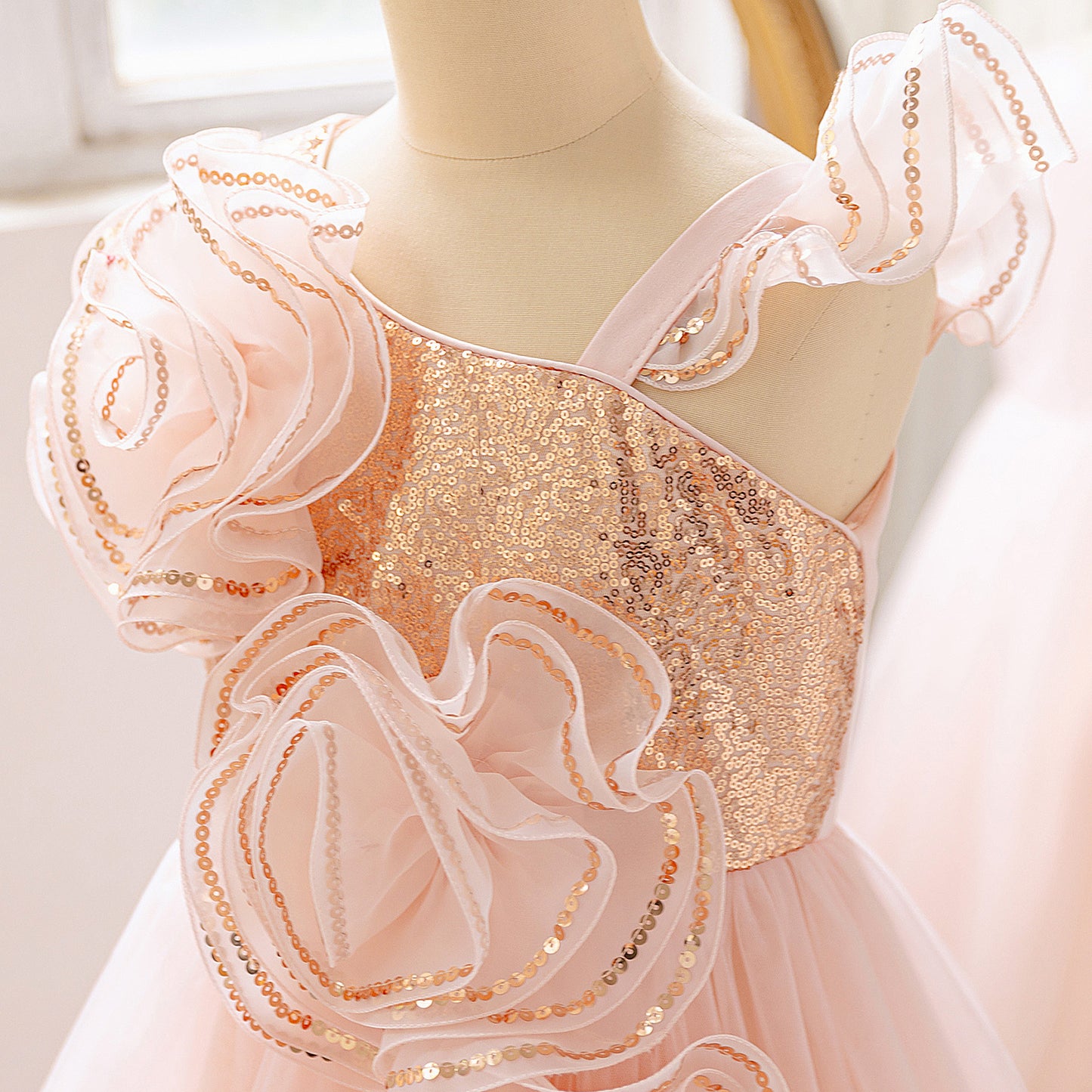 Light Pink Off Shoulder Mesh Maxi Dress for Girls with Sequin & Appliqué | Special Occasion & Flower Girl