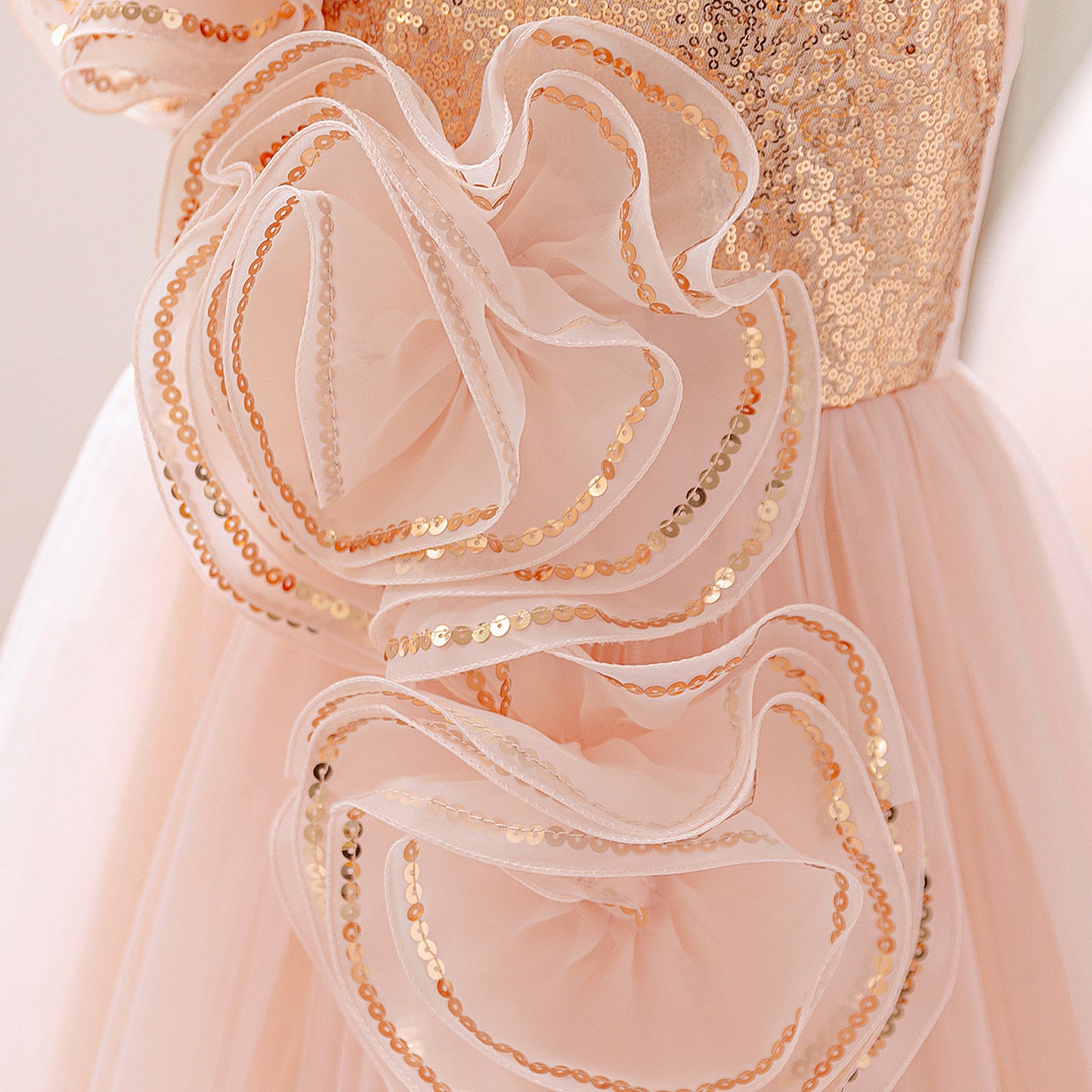 Light Pink Off Shoulder Mesh Maxi Dress for Girls with Sequin & Appliqué | Special Occasion & Flower Girl