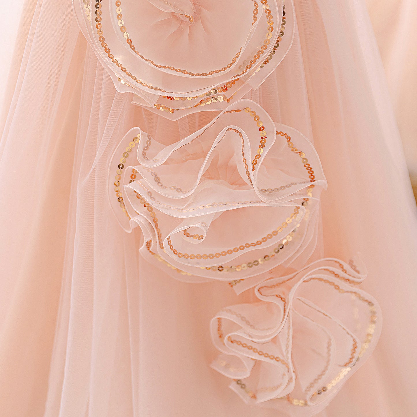 Light Pink Off Shoulder Mesh Maxi Dress for Girls with Sequin & Appliqué | Special Occasion & Flower Girl