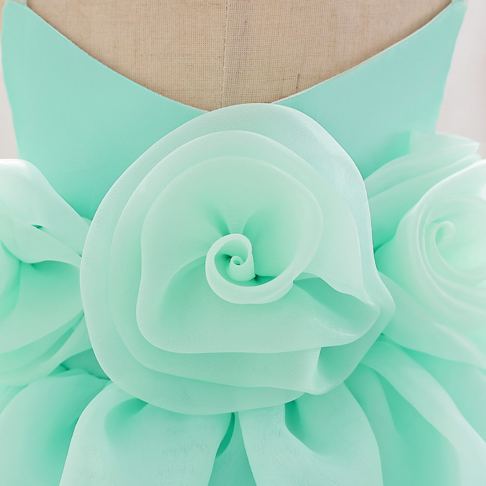 Off-Shoulder Puffy Ball Gown Toddler Dress with 3D Floral Ruffles for Parties & Weddings