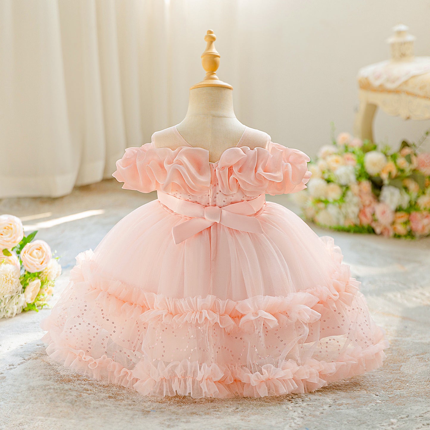 Light Pink Off Shoulder Ball Gown for Girls | Puffy Princess Mesh Dress